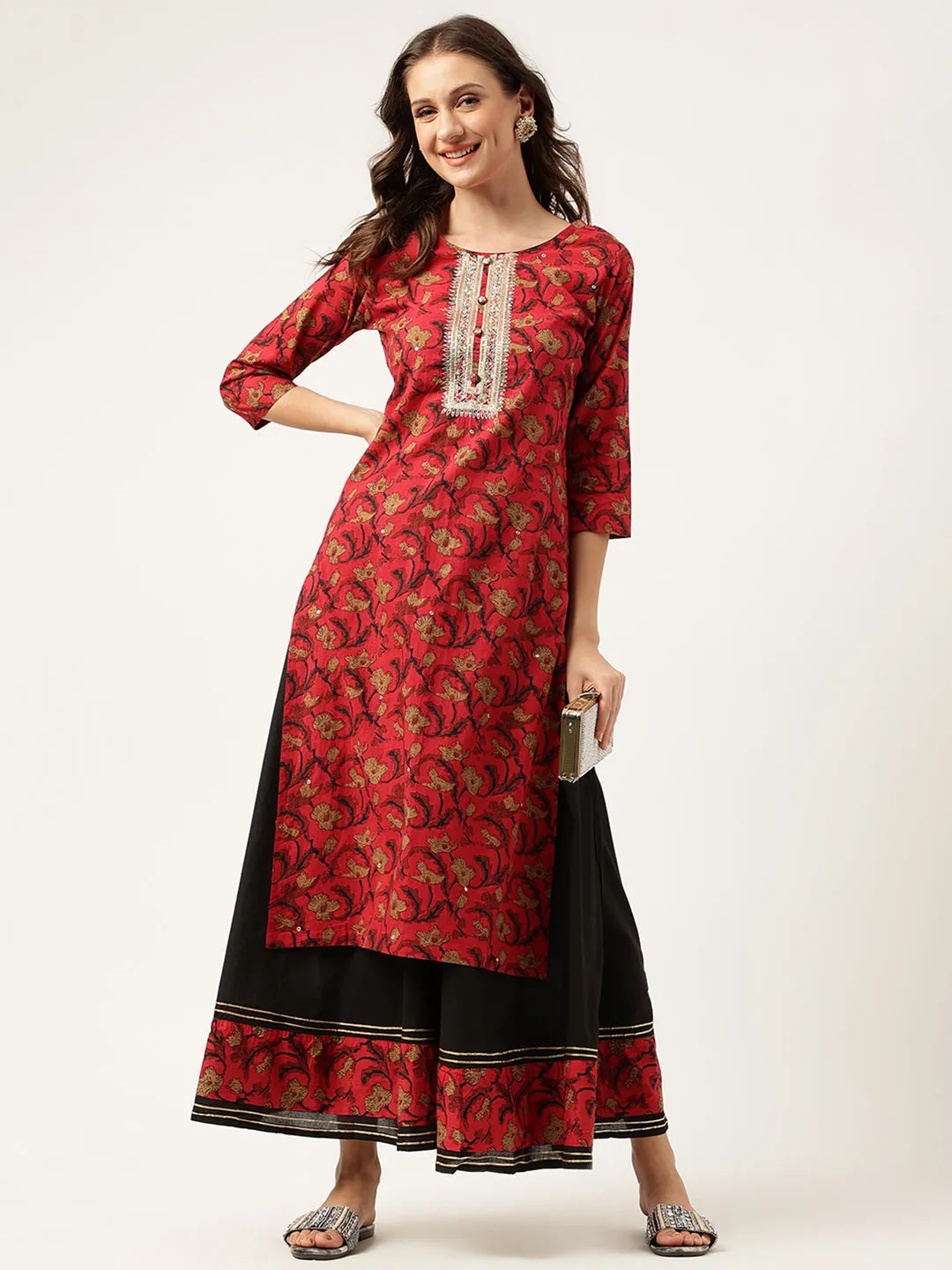 Jashvi Floral Printed Cotton Kurta with Sharara Set