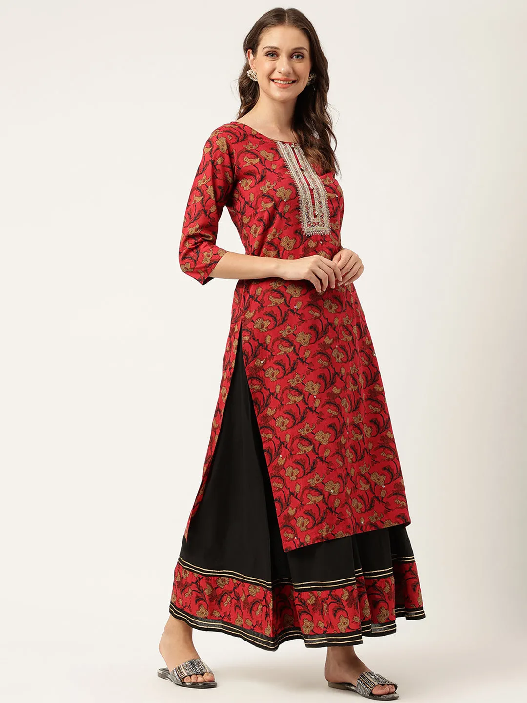 Jashvi Floral Printed Cotton Kurta with Sharara Set