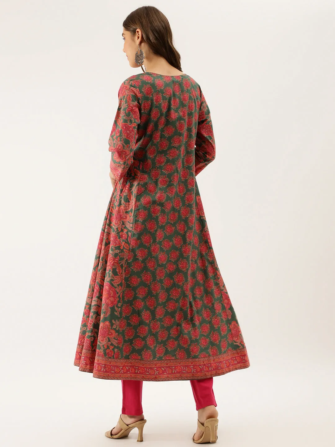 Jashvi Green Floral Printed Flared Kurta Dress for Women