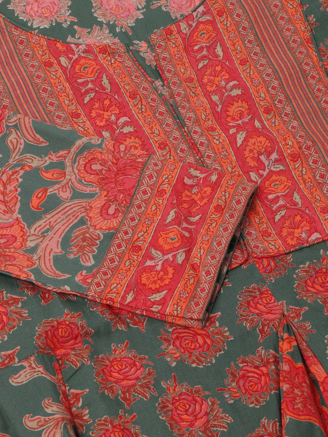 Jashvi Green Floral Printed Flared Kurta Dress for Women