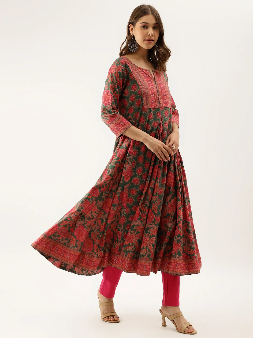 Jashvi Green Floral Printed Flared Kurta Dress for Women