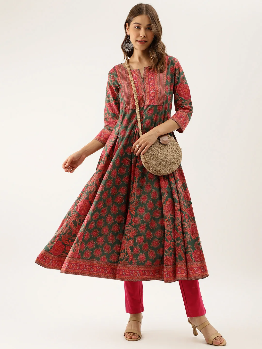 Jashvi Green Floral Printed Flared Kurta Dress for Women