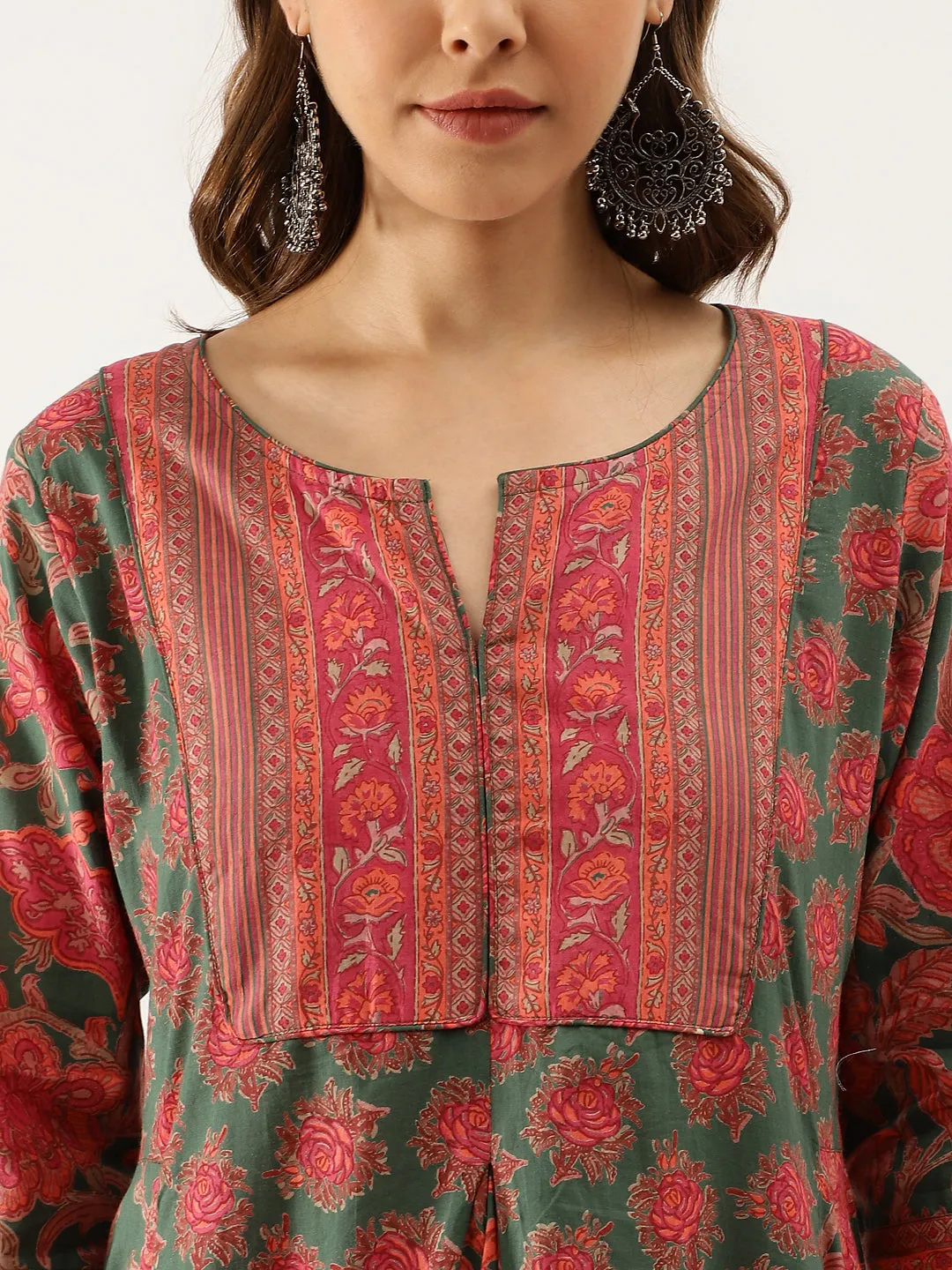 Jashvi Green Floral Printed Flared Kurta Dress for Women