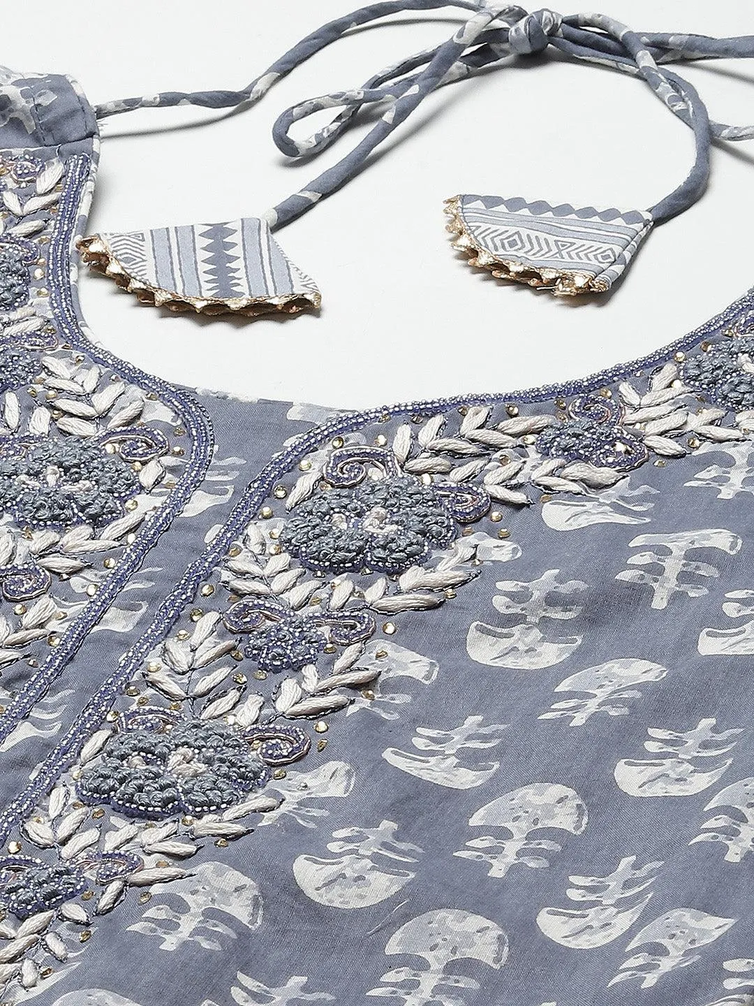 Jashvi Grey and White Floral Printed Kurta Pant Set with Dupatta
