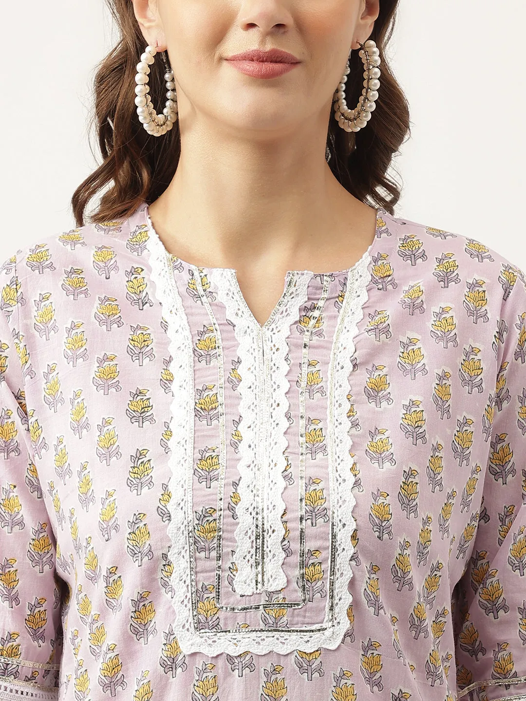 Jashvi Lavender Hand Block Printed Cotton Kurta, Trouser with Kota Doria Dupatta Set