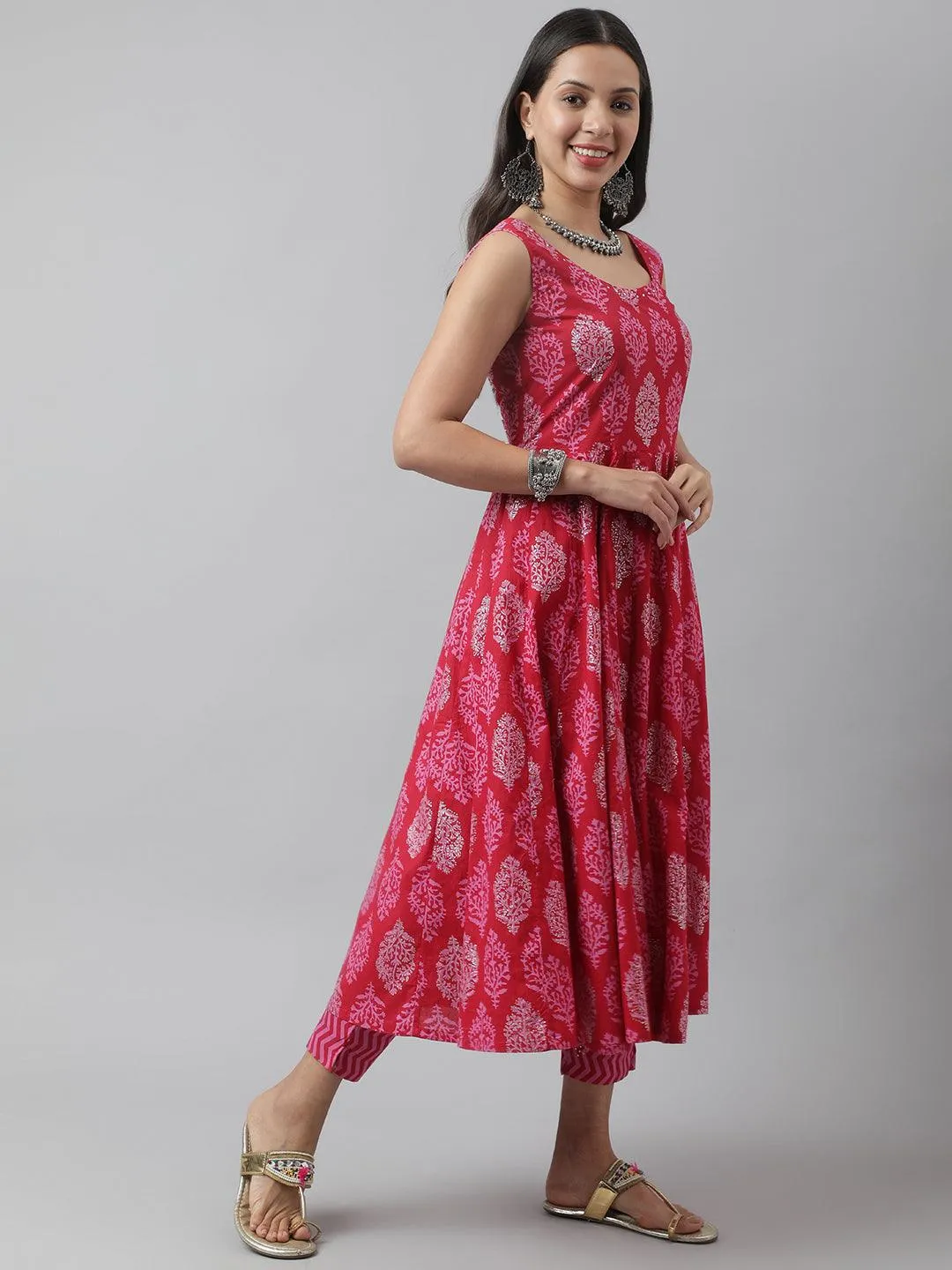 Jashvi Magenta Floral Cotton Anarkali Kurta Pant Set with Dupatta