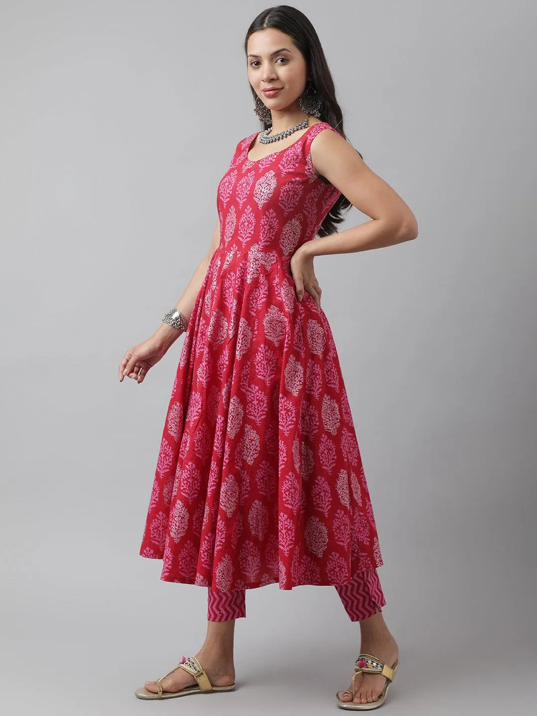 Jashvi Magenta Floral Cotton Anarkali Kurta Pant Set with Dupatta