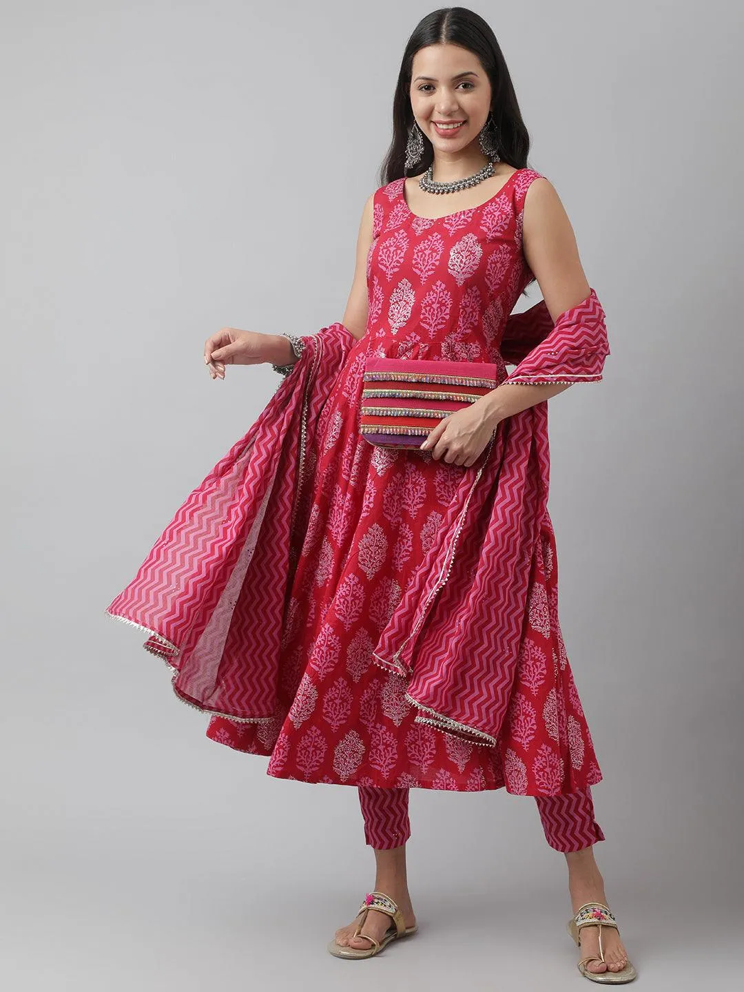 Jashvi Magenta Floral Cotton Anarkali Kurta Pant Set with Dupatta