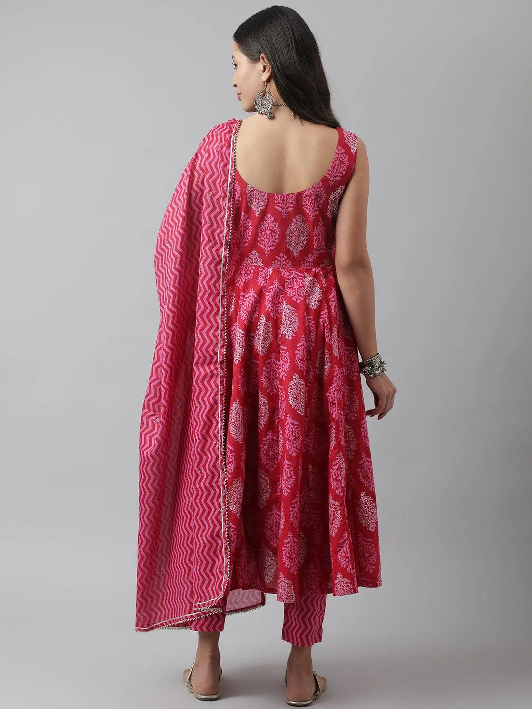 Jashvi Magenta Floral Cotton Anarkali Kurta Pant Set with Dupatta