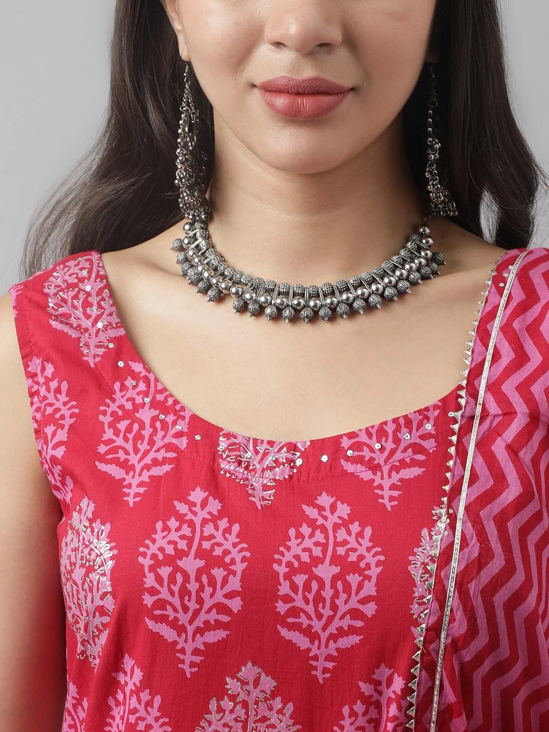 Jashvi Magenta Floral Cotton Anarkali Kurta Pant Set with Dupatta