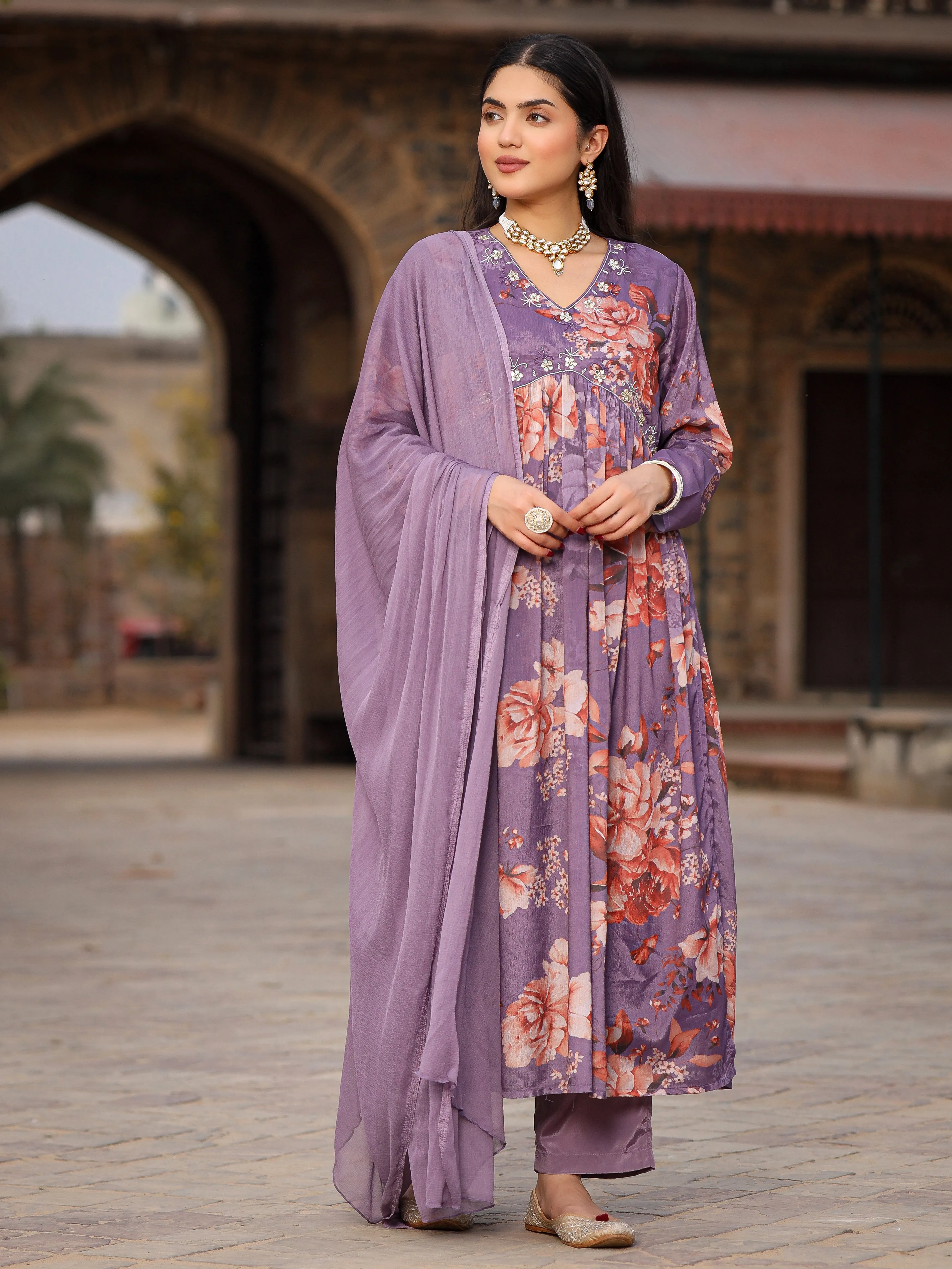 Jashvi Mauve Floral Printed Poly Chinnon Kurta Pants & Dupatta Set With Mirror Work Embroidery