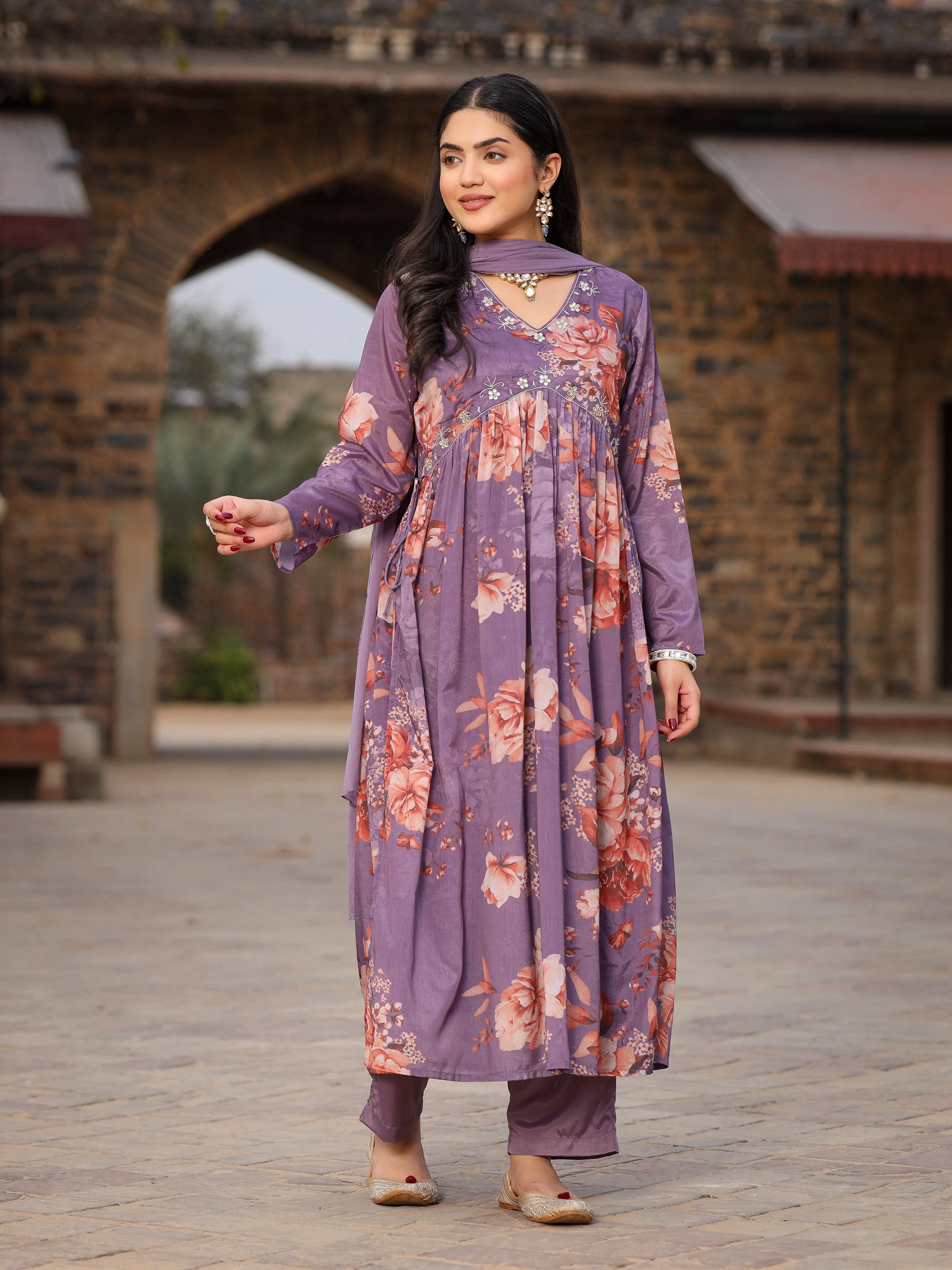 Jashvi Mauve Floral Printed Poly Chinnon Kurta Pants & Dupatta Set With Mirror Work Embroidery