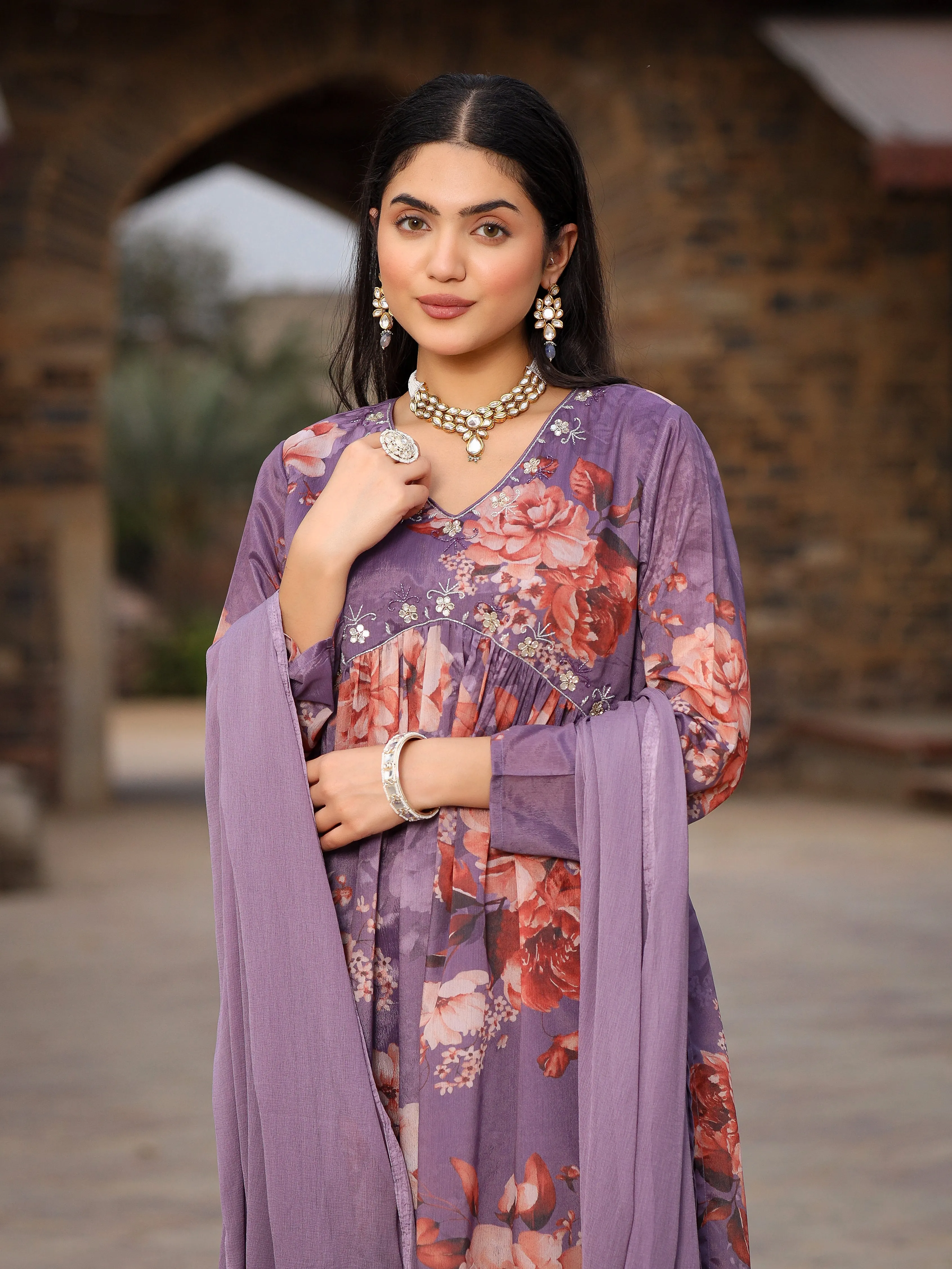Jashvi Mauve Floral Printed Poly Chinnon Kurta Pants & Dupatta Set With Mirror Work Embroidery