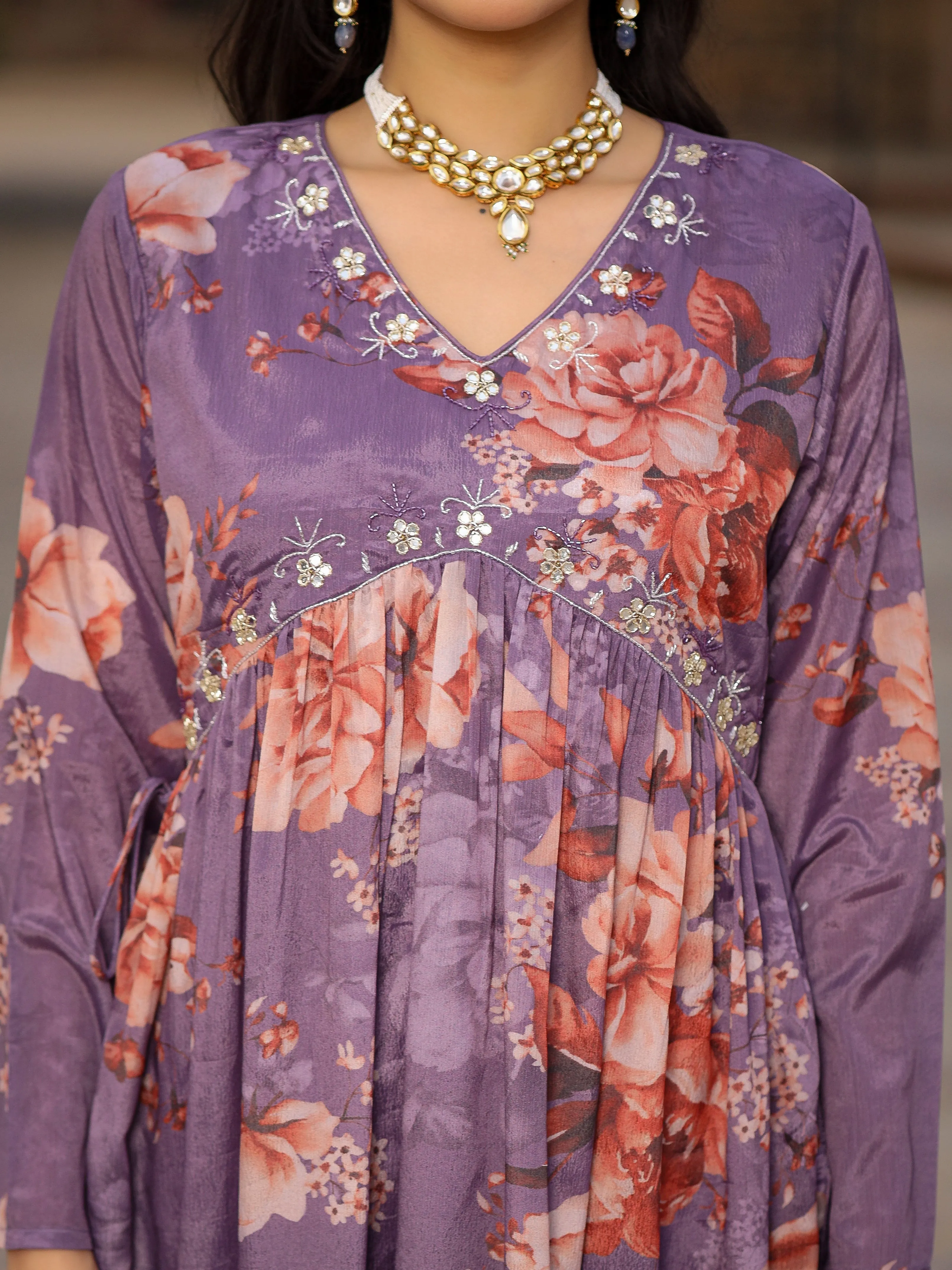 Jashvi Mauve Floral Printed Poly Chinnon Kurta Pants & Dupatta Set With Mirror Work Embroidery