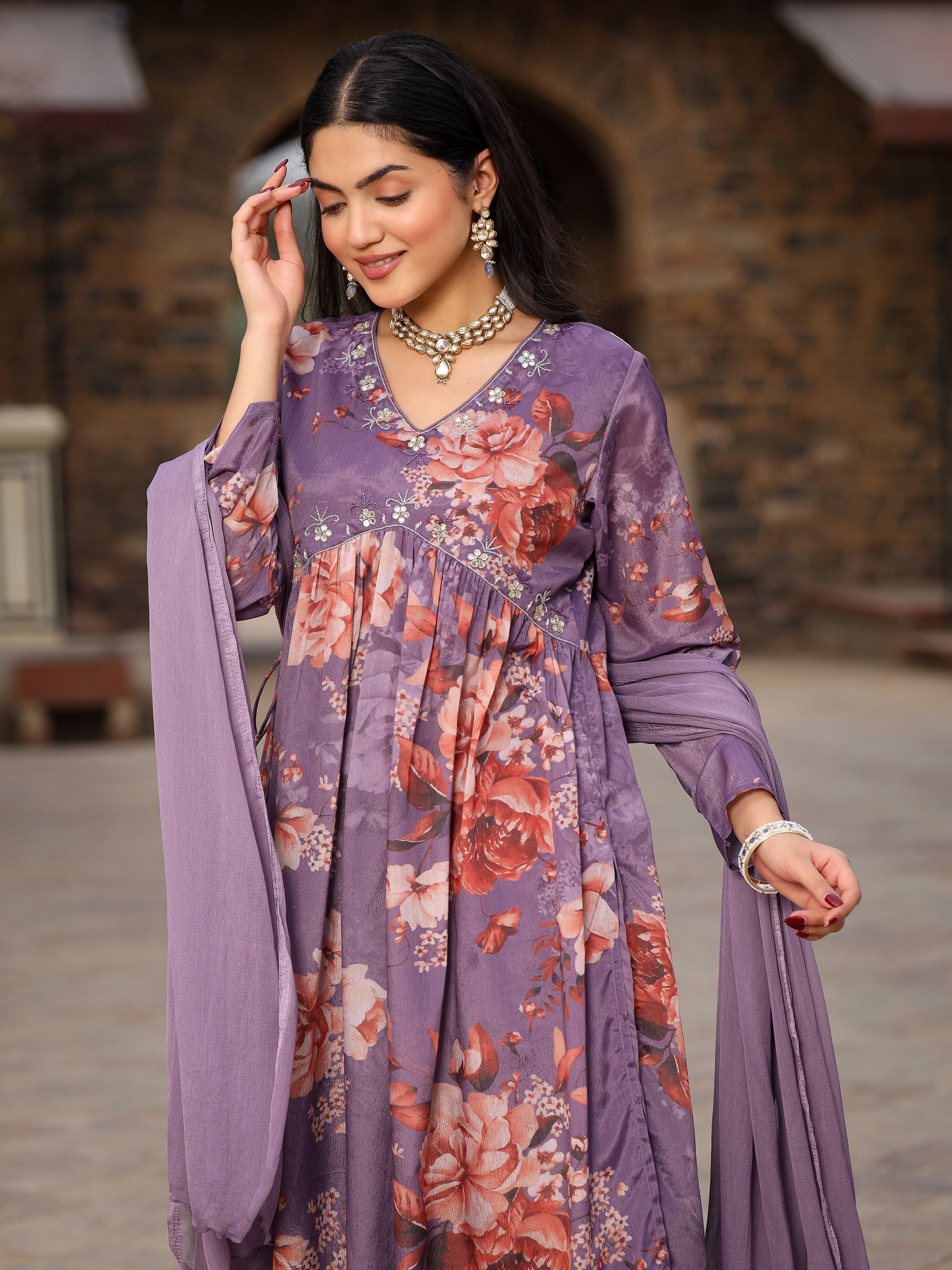 Jashvi Mauve Floral Printed Poly Chinnon Kurta Pants & Dupatta Set With Mirror Work Embroidery