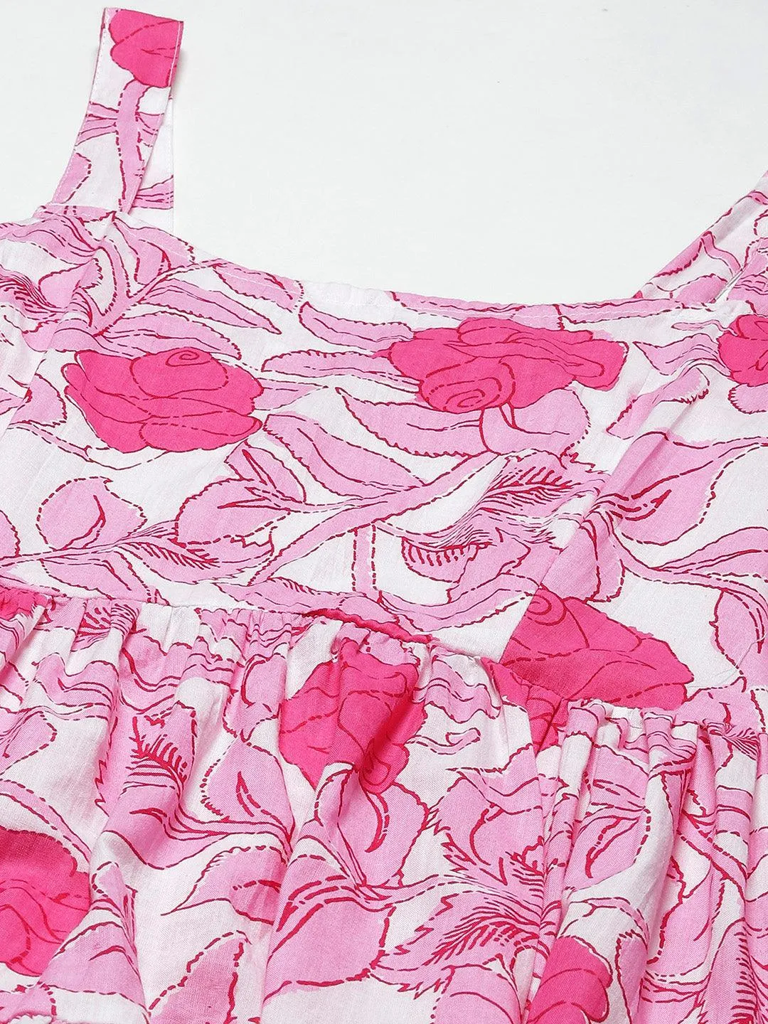 Jashvi white & Pink Floral Shoulder Strip Long Dress