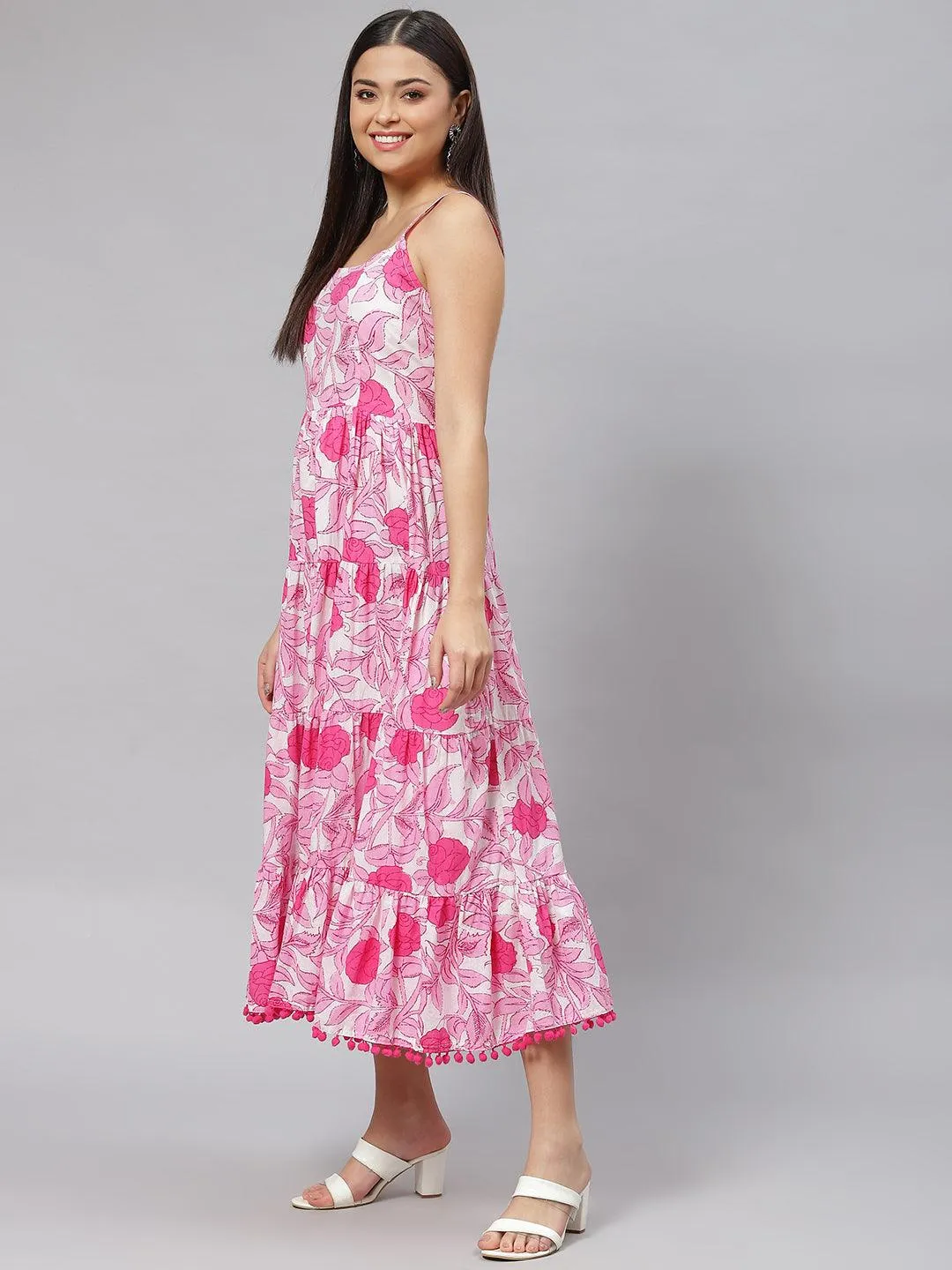 Jashvi white & Pink Floral Shoulder Strip Long Dress