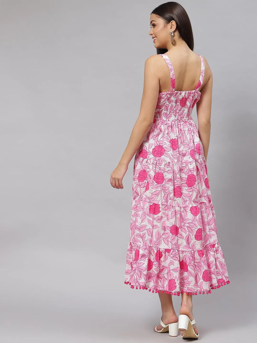 Jashvi white & Pink Floral Shoulder Strip Long Dress