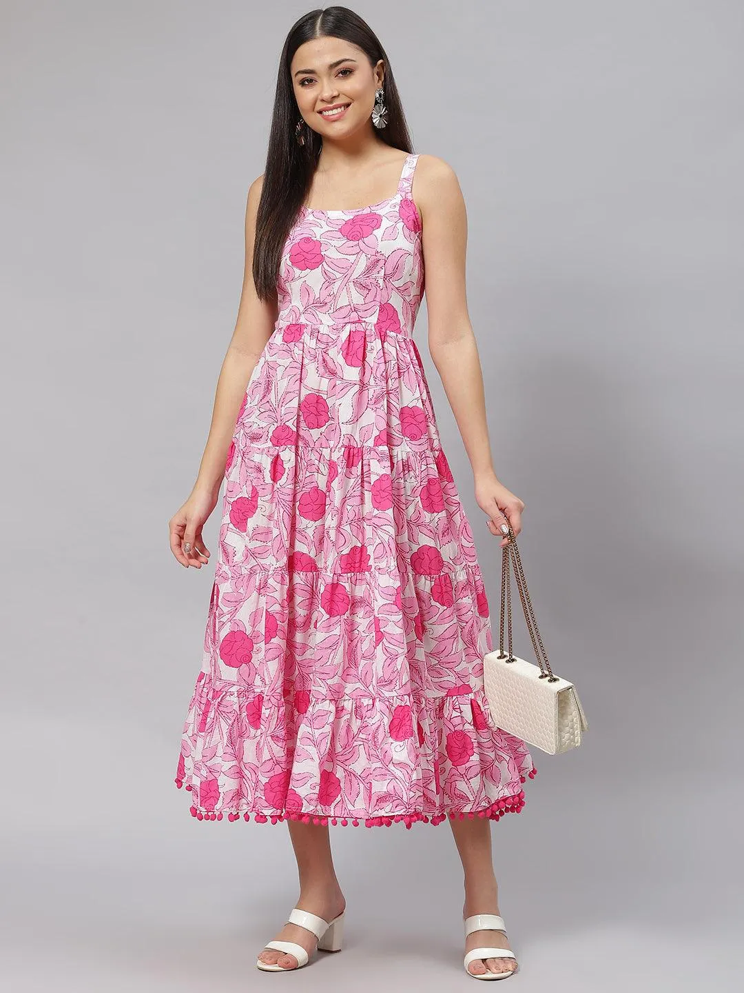 Jashvi white & Pink Floral Shoulder Strip Long Dress
