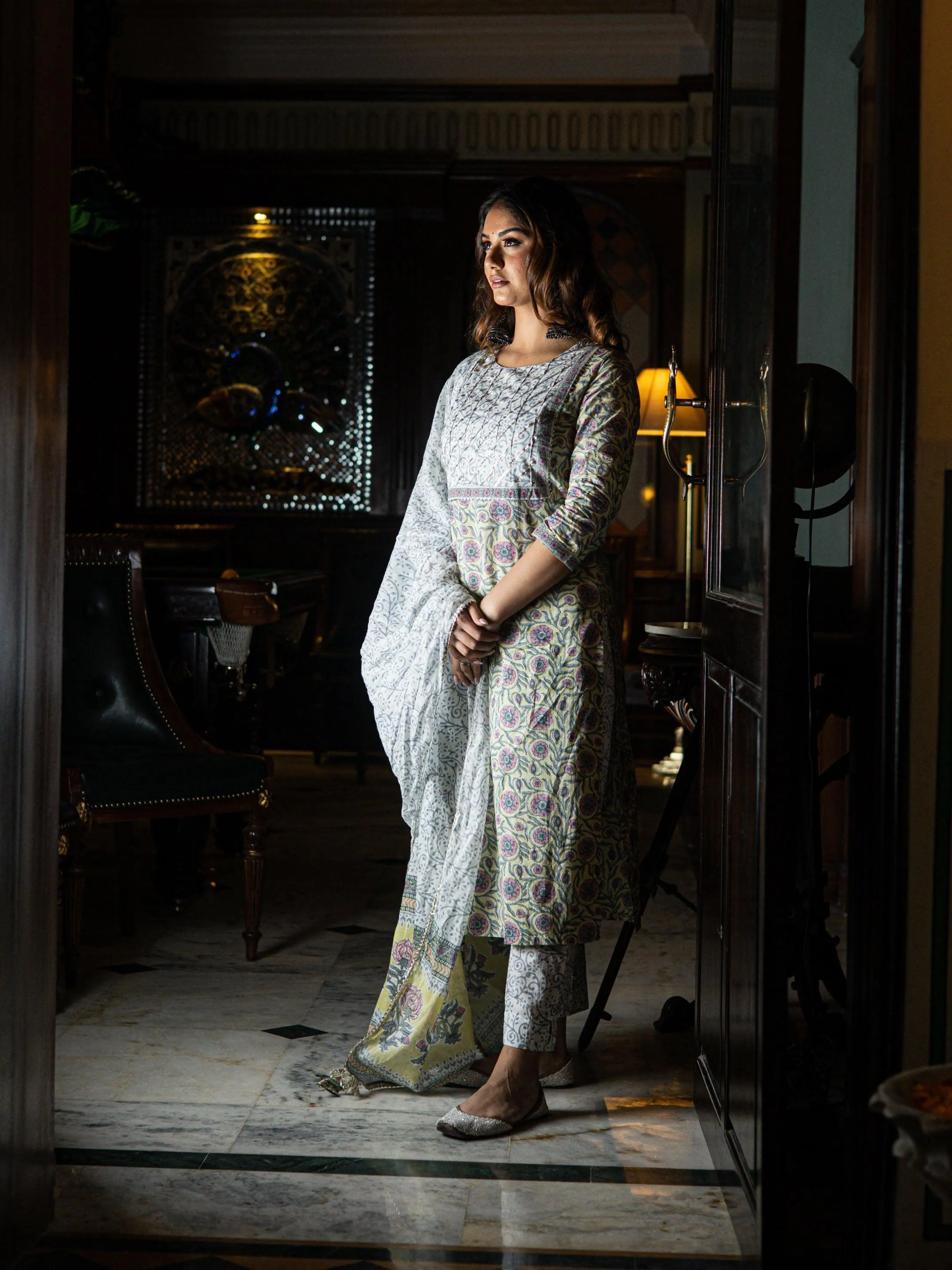 Jashvi Yellow Floral Printed Cotton Kurta pant set with Dupatta