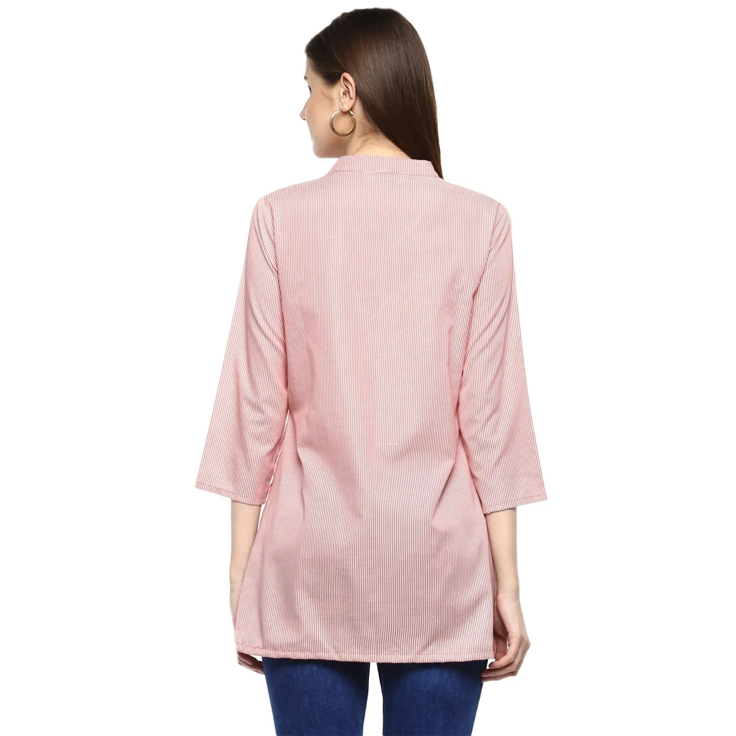 Jashvi Red Striped Embroidered Shirt Style Top