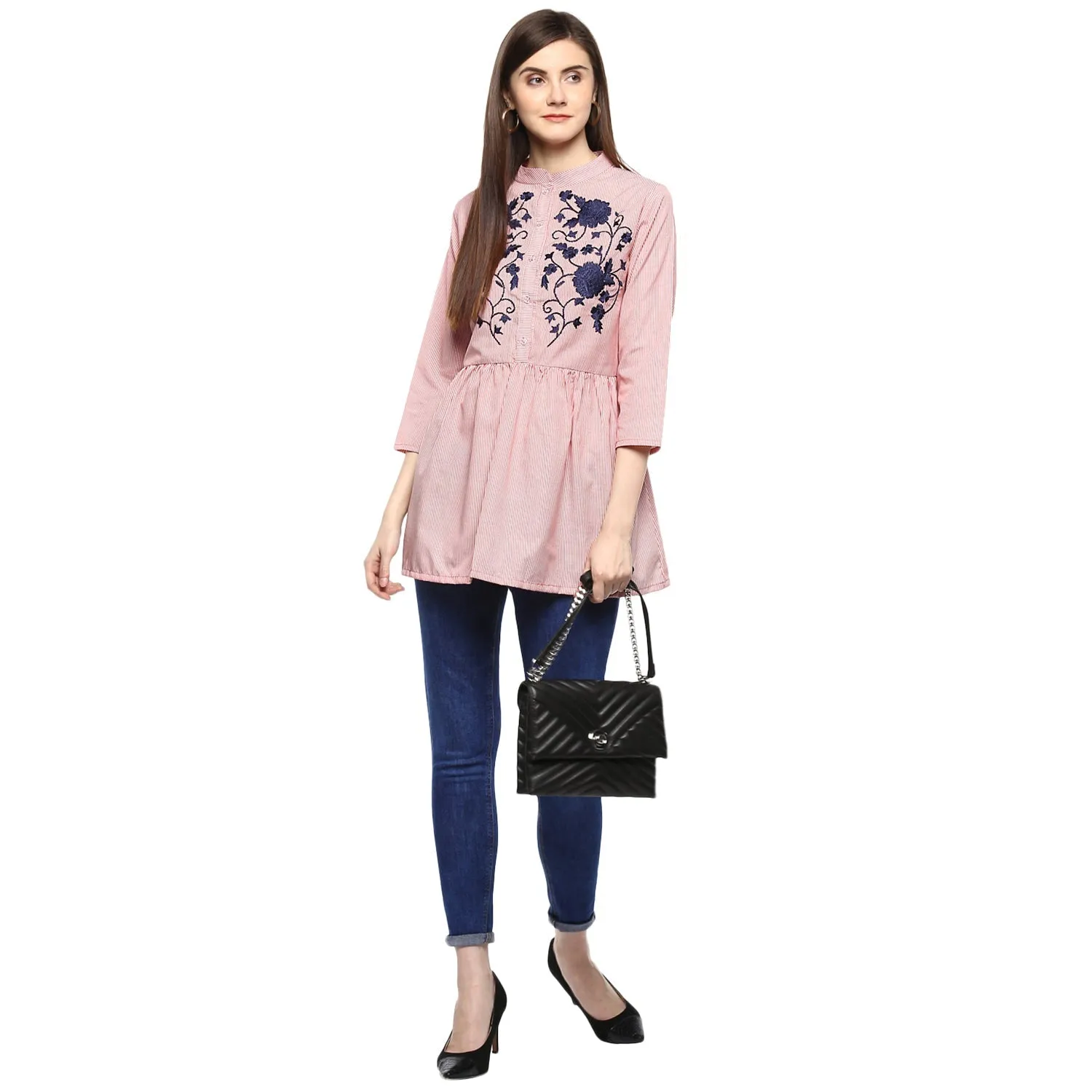 Jashvi Red Striped Embroidered Shirt Style Top