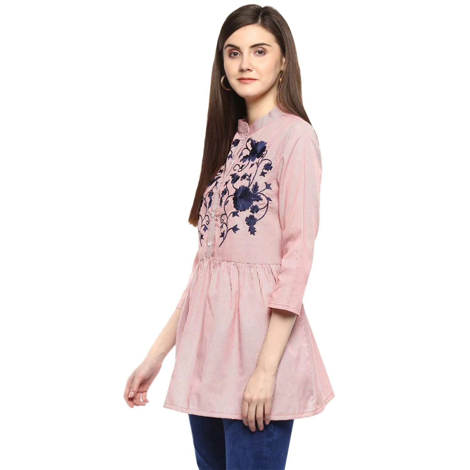 Jashvi Red Striped Embroidered Shirt Style Top