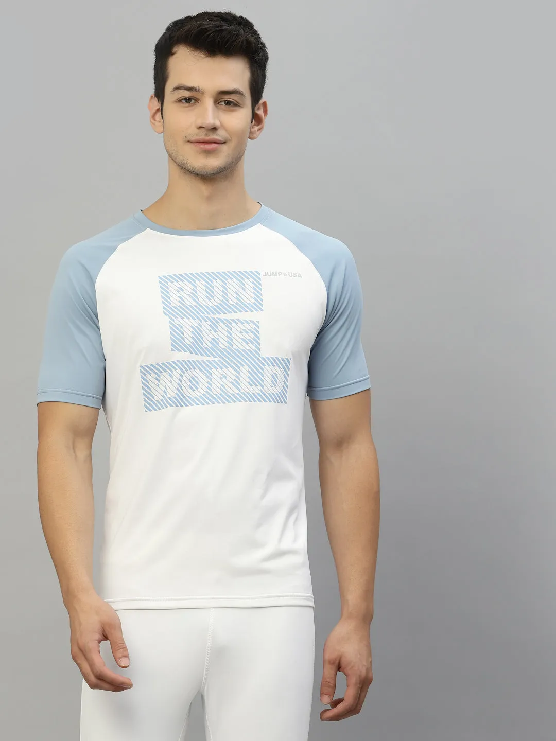 JUMP USA Ultralyte Men White & Cashmere Blue Running Rapid Dry T-Shirt