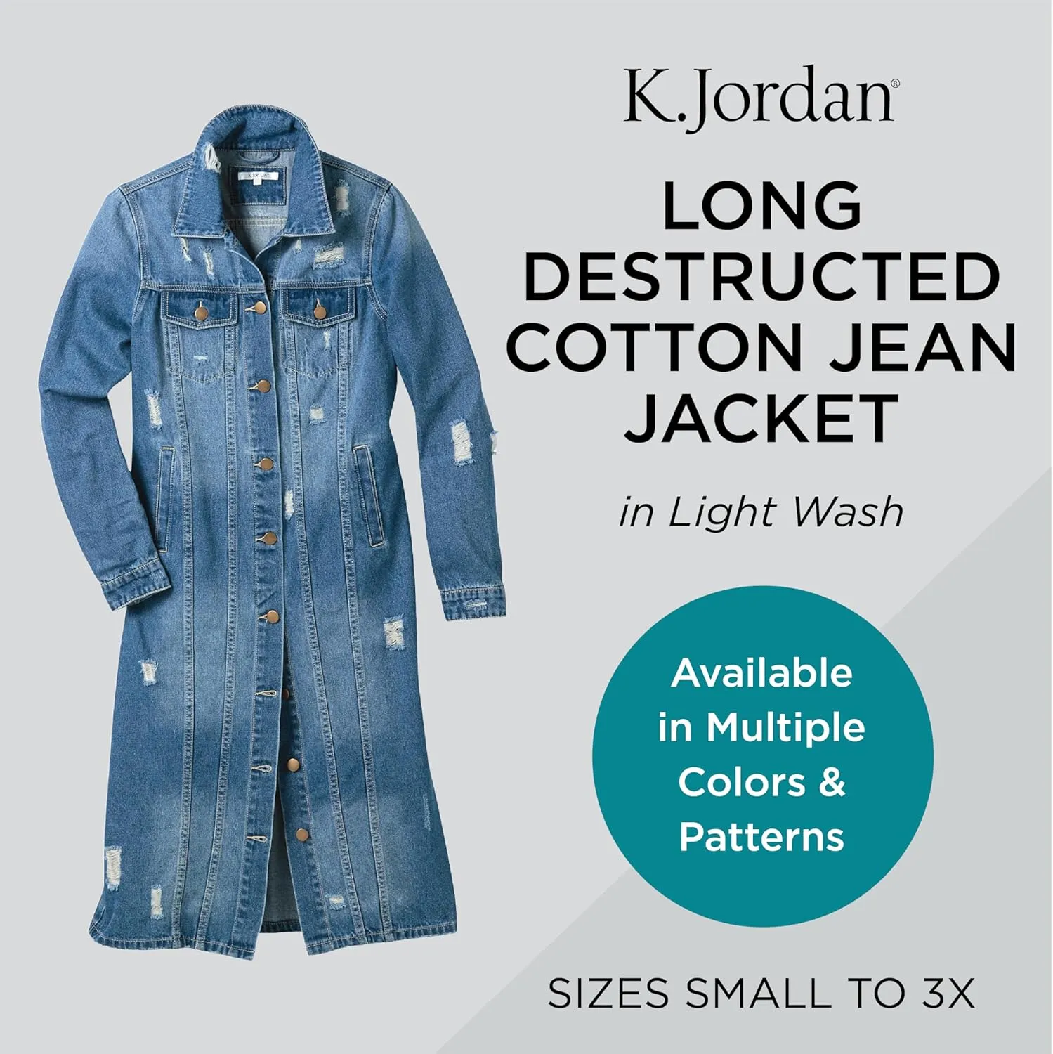 K. Jordan Womens Long Destructed Cotton Jean Jacket