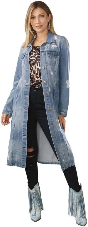 K. Jordan Womens Long Destructed Cotton Jean Jacket