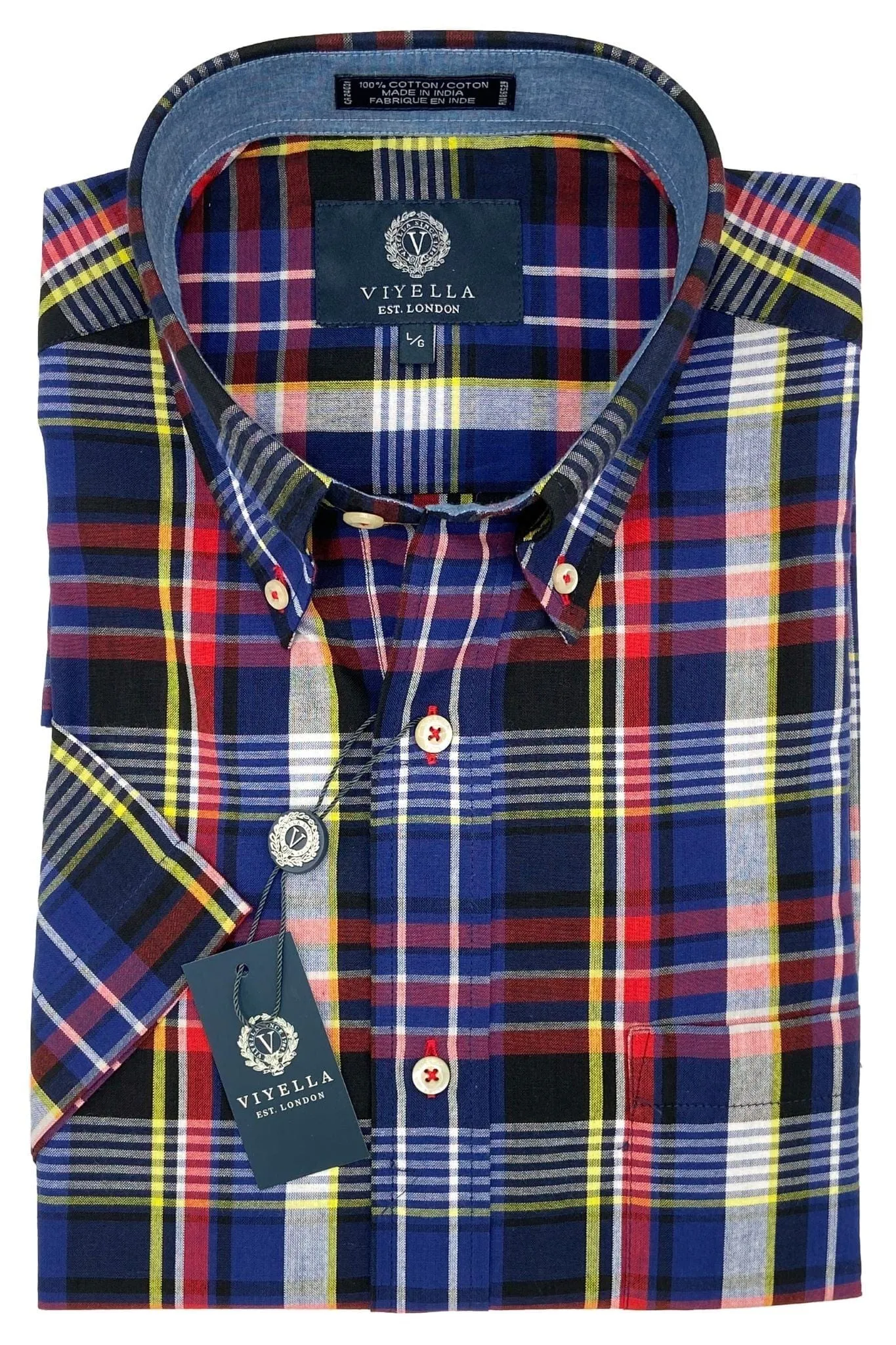 Madras Cotton Button-Down: Red Plaid Short Sleeve for Men