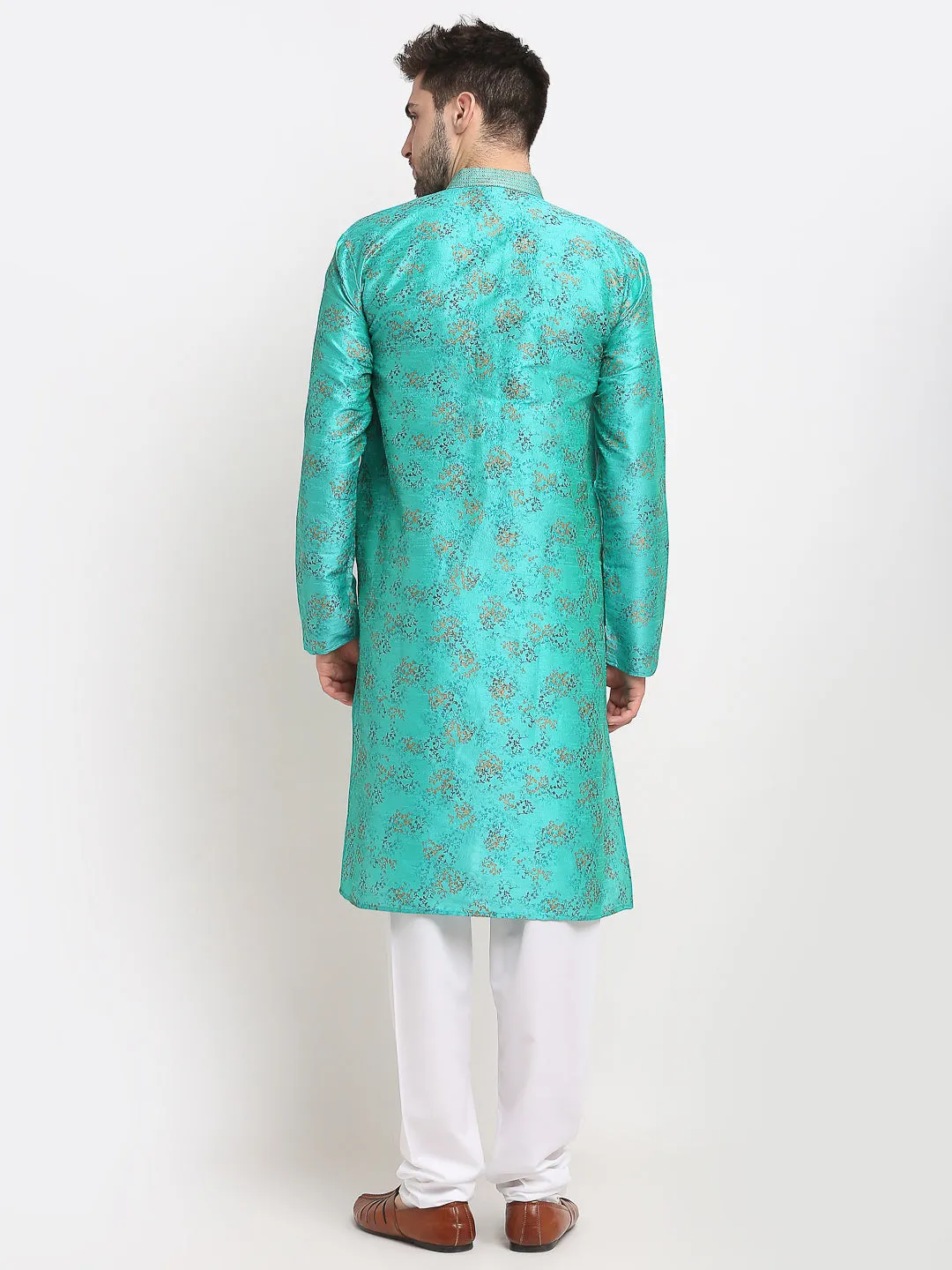 Men's Green Dupion Printed Kurta Payjama Sets ( JOKP 644 Green ) - Virat Fashions