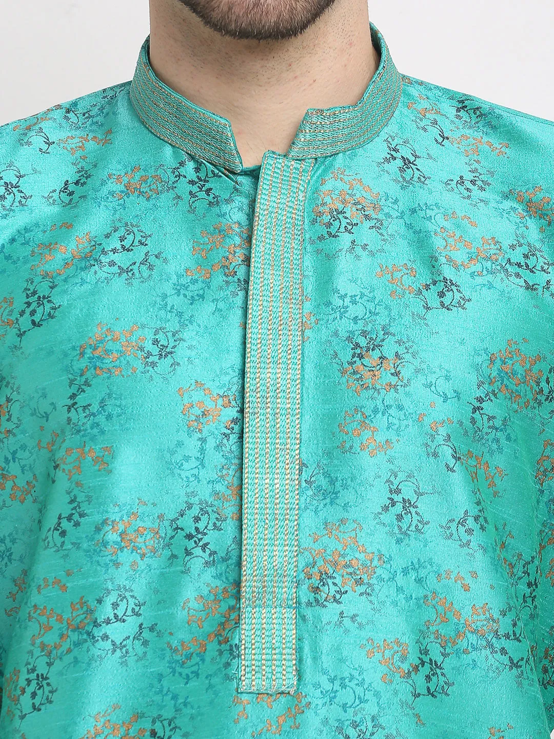 Men's Green Dupion Printed Kurta Payjama Sets ( JOKP 644 Green ) - Virat Fashions