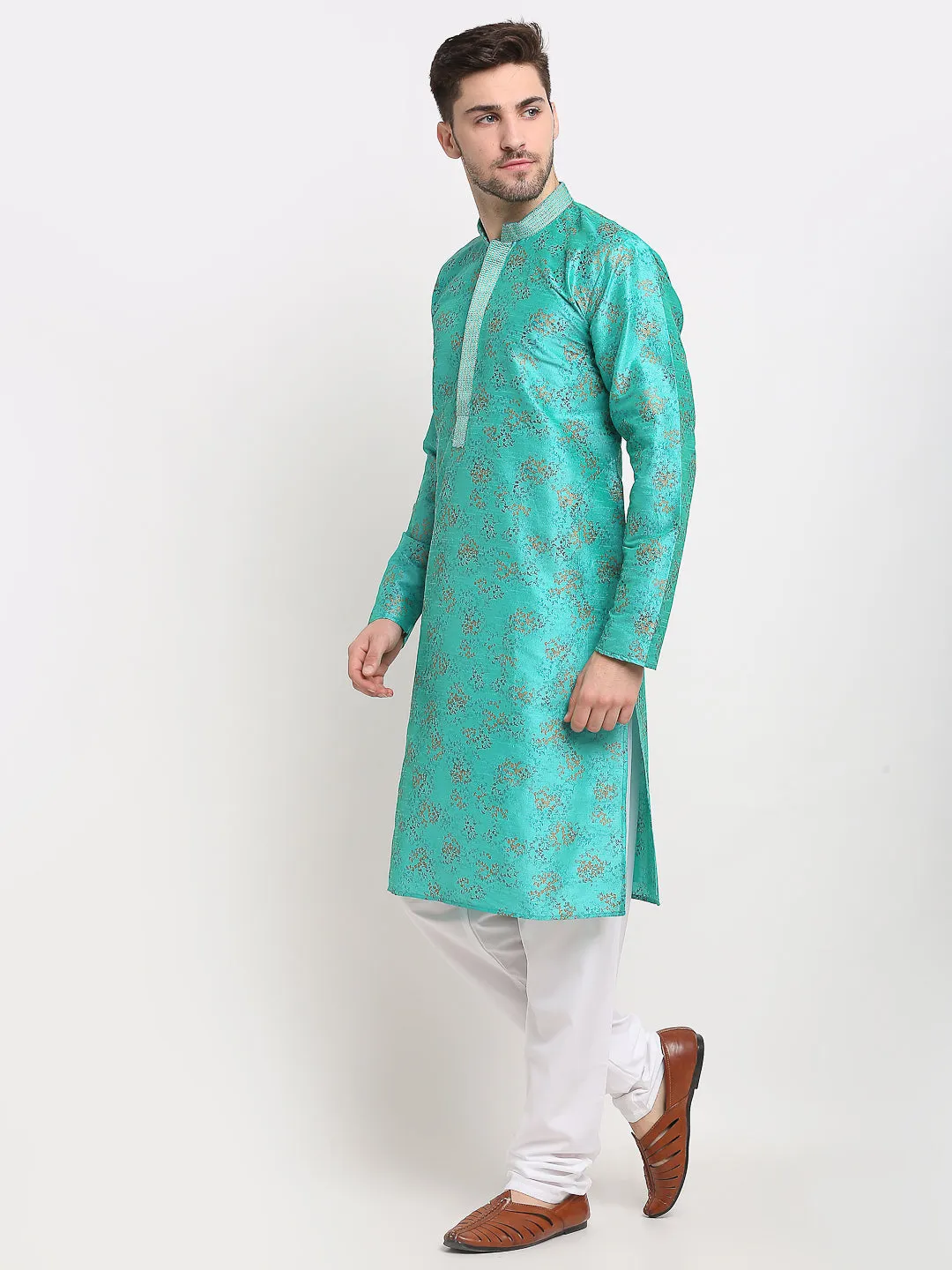 Men's Green Dupion Printed Kurta Payjama Sets ( JOKP 644 Green ) - Virat Fashions