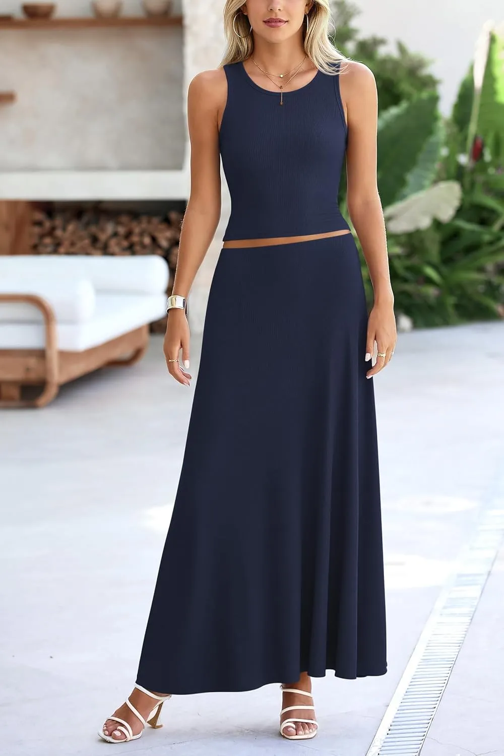 PRETTYGARDEN Women's 2 Piece Maxi Skirt Sets Casual Summer Knit Cropped Tank Top High Waisted Long Skirts Outfit