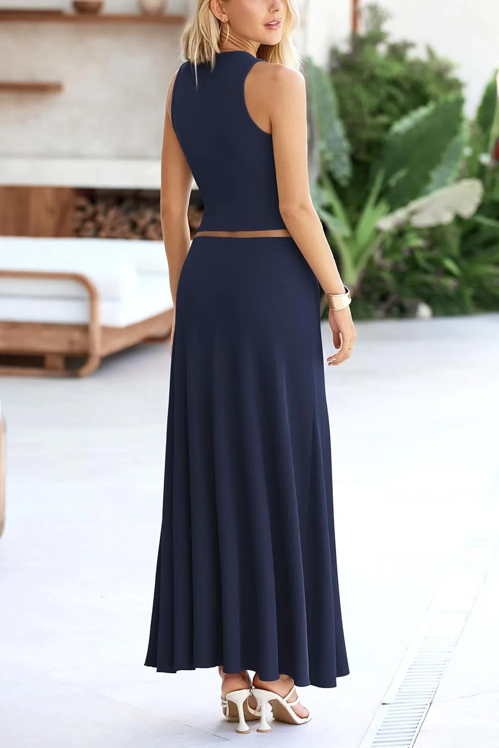 PRETTYGARDEN Women's 2 Piece Maxi Skirt Sets Casual Summer Knit Cropped Tank Top High Waisted Long Skirts Outfit