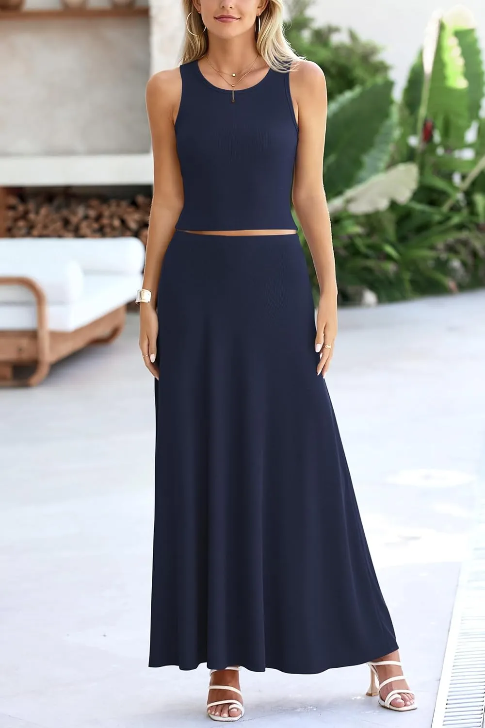 PRETTYGARDEN Women's 2 Piece Maxi Skirt Sets Casual Summer Knit Cropped Tank Top High Waisted Long Skirts Outfit