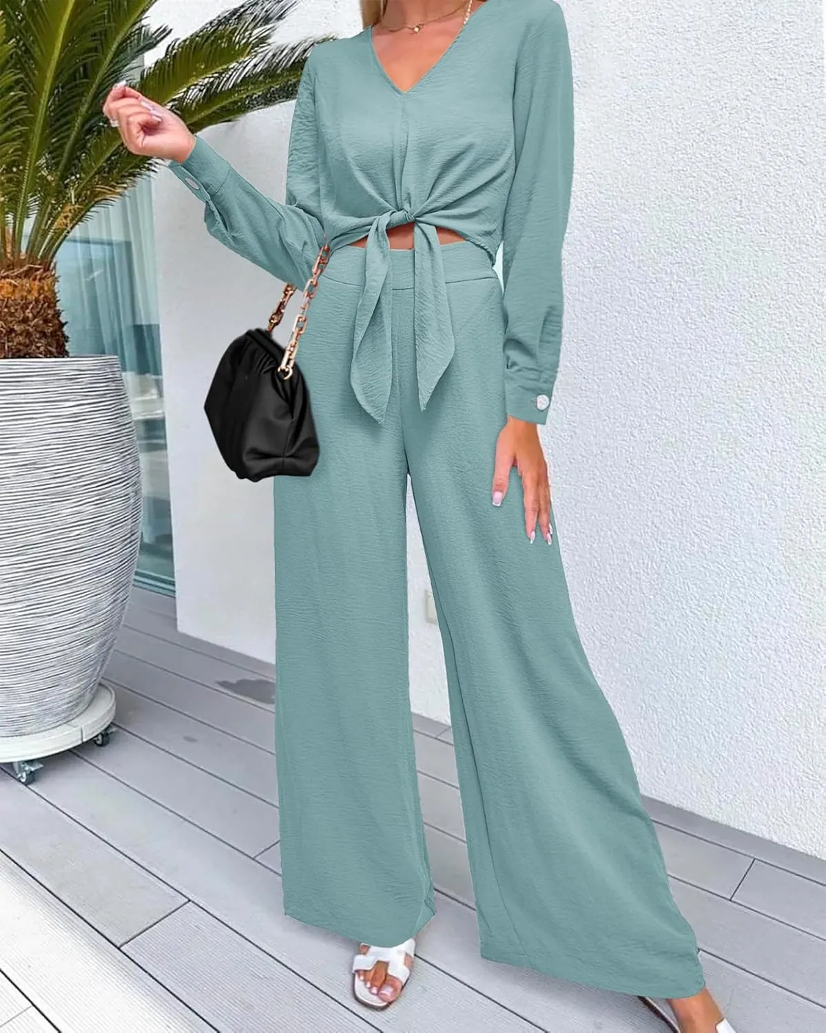 PRETTYGARDEN Women's 2 Piece Outfits 2025 Spring Casual V Neck Long Sleeve Strappy Crop Top Wide Leg Palazzo Pant Sets