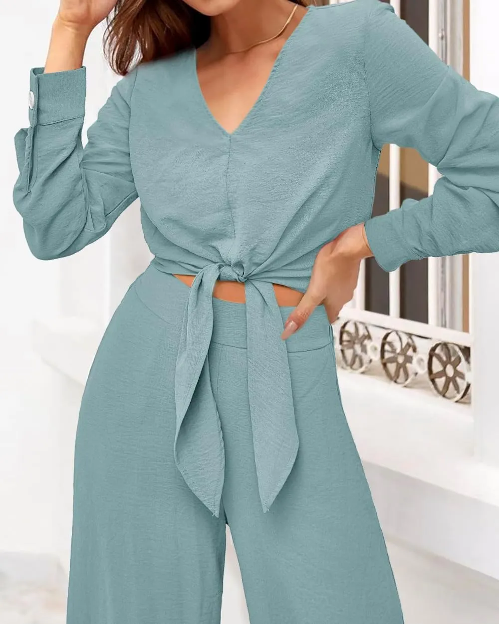 PRETTYGARDEN Women's 2 Piece Outfits 2025 Spring Casual V Neck Long Sleeve Strappy Crop Top Wide Leg Palazzo Pant Sets