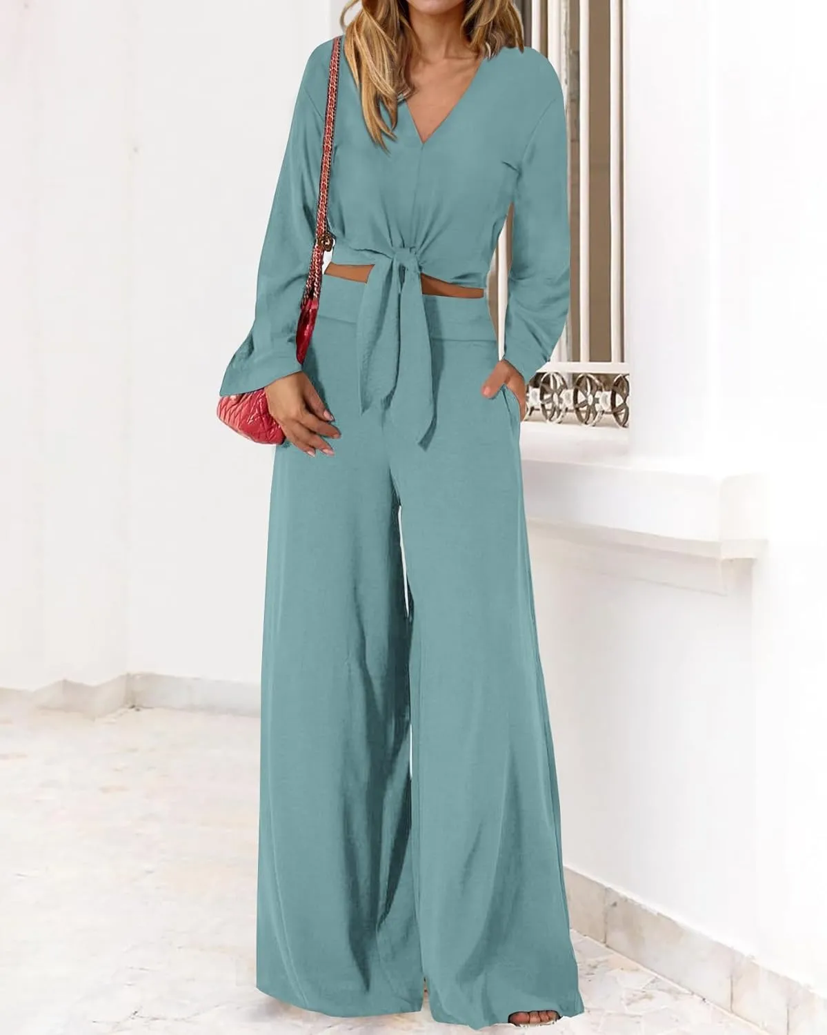 PRETTYGARDEN Women's 2 Piece Outfits 2025 Spring Casual V Neck Long Sleeve Strappy Crop Top Wide Leg Palazzo Pant Sets