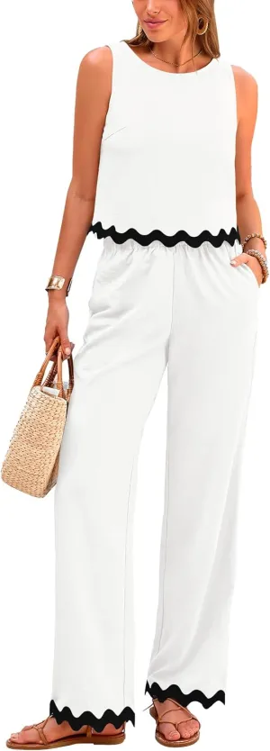 PRETTYGARDEN Women's 2 Piece Outfits Smmer Casual Sleeveless Tank Crop Top Pants Sets Tracksuit