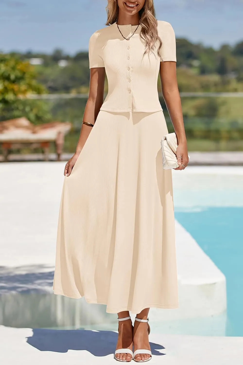 PRETTYGARDEN Women's 2 Piece Skirt Sets Summer Short Sleeve Button Up Knit Crop Top Flowy Maxi Skirts Travel Vacation Outfits