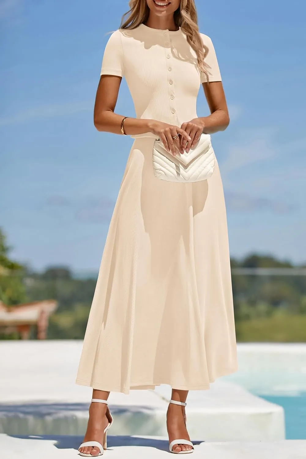 PRETTYGARDEN Women's 2 Piece Skirt Sets Summer Short Sleeve Button Up Knit Crop Top Flowy Maxi Skirts Travel Vacation Outfits