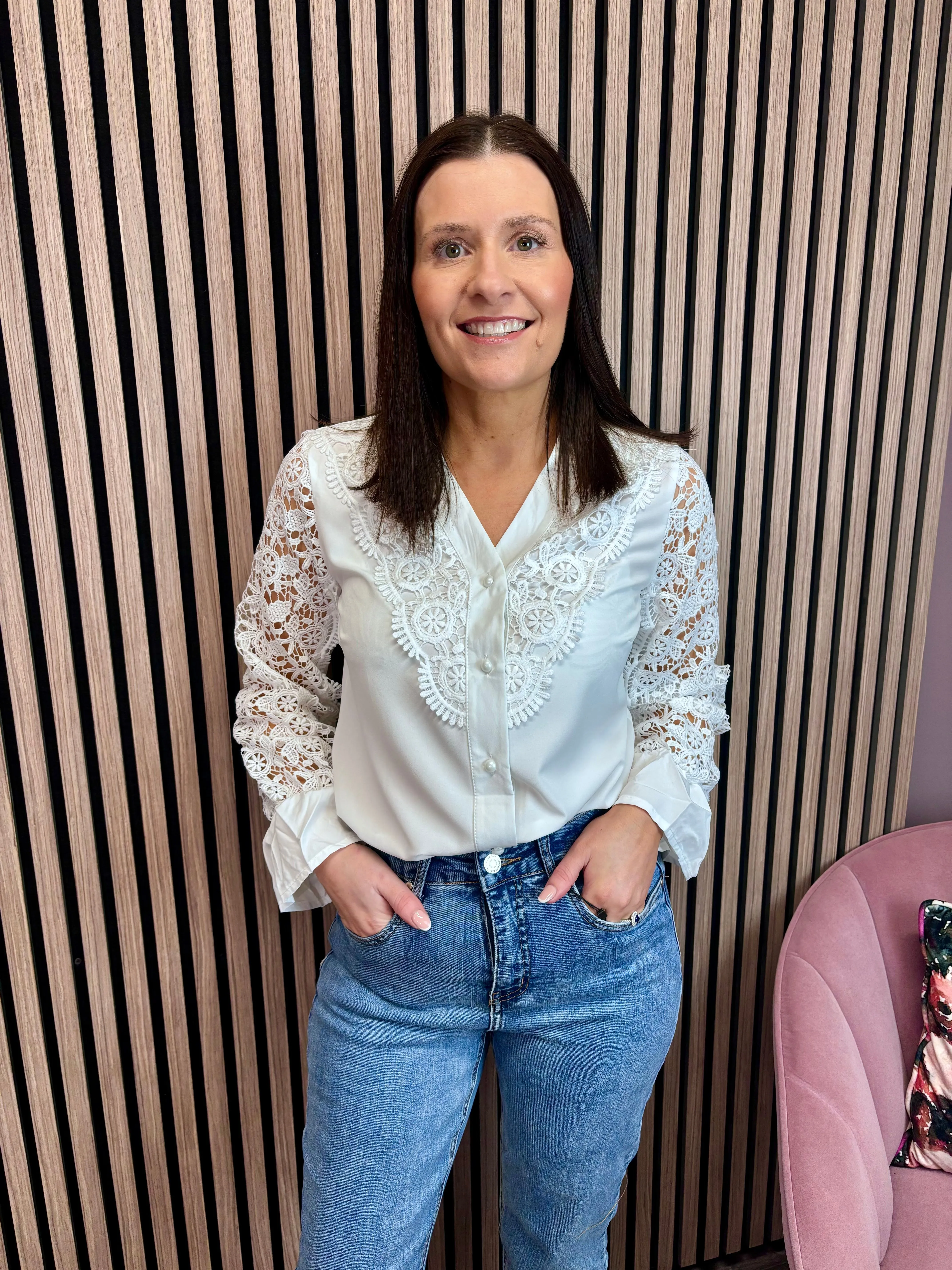 Sabina Lace Detail V-Neck Shirt (White)