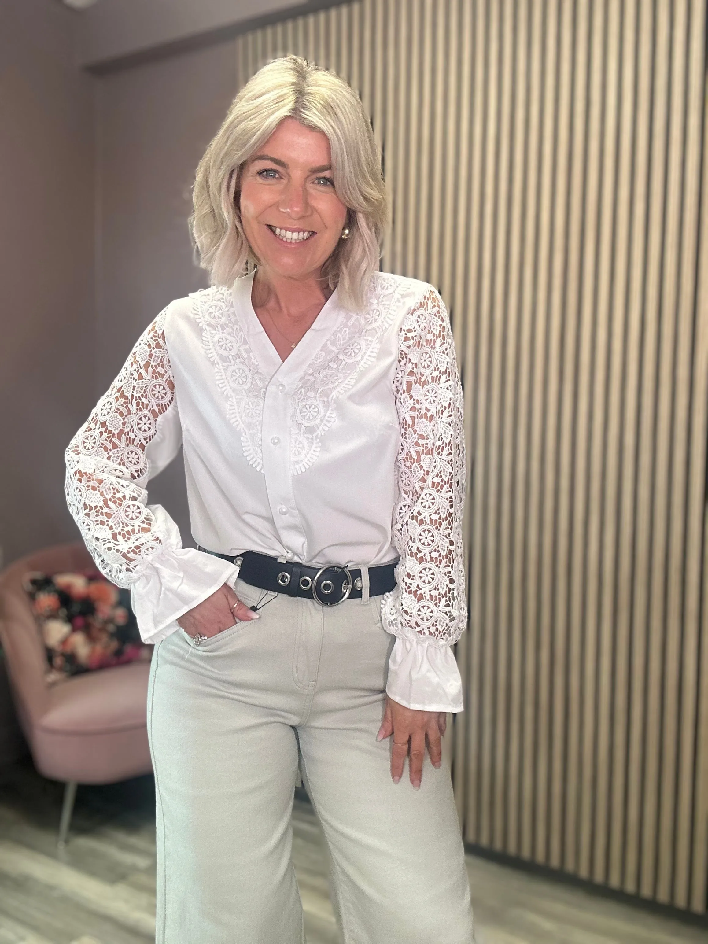 Sabina Lace Detail V-Neck Shirt (White)