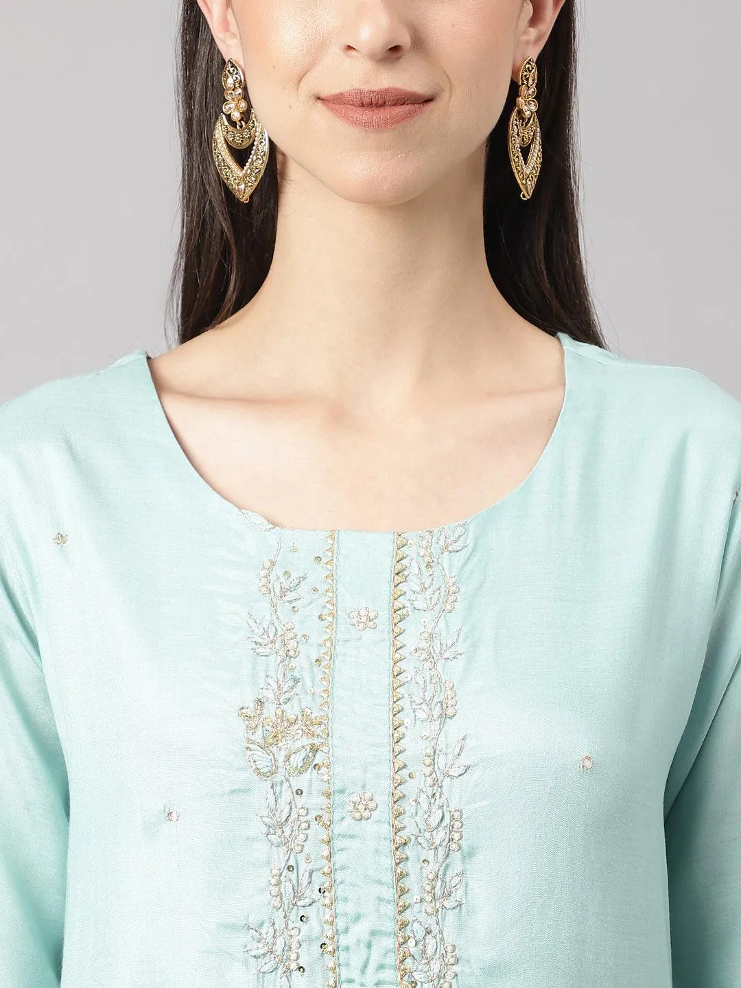 Sea Green Muslin Embroidery Kurta Pant Set With Organza Dupatta