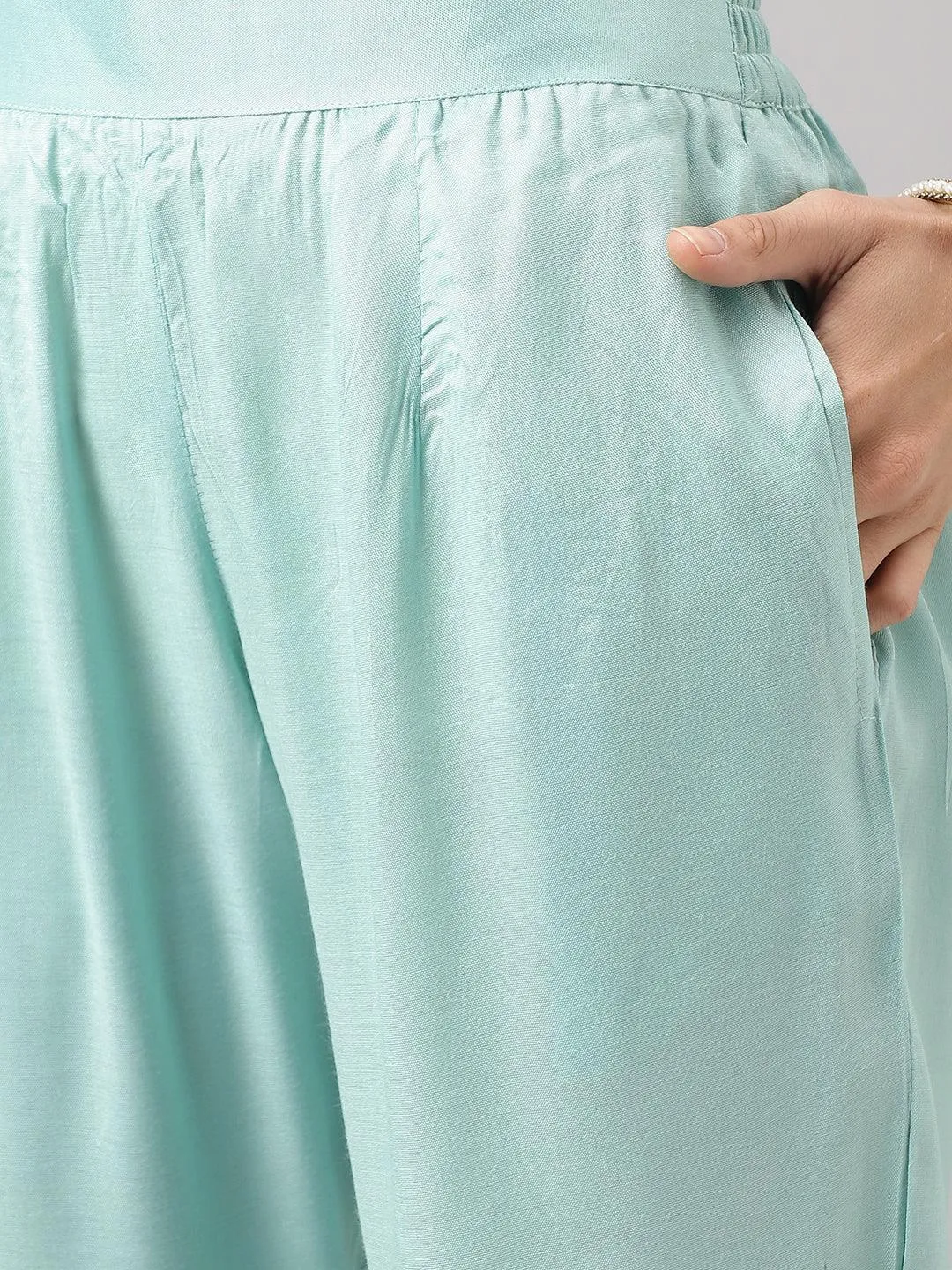 Sea Green Muslin Embroidery Kurta Pant Set With Organza Dupatta