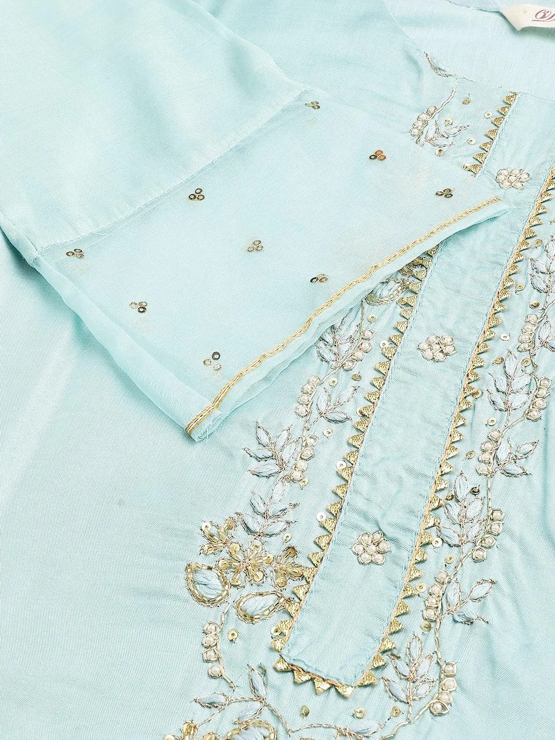 Sea Green Muslin Embroidery Kurta Pant Set With Organza Dupatta