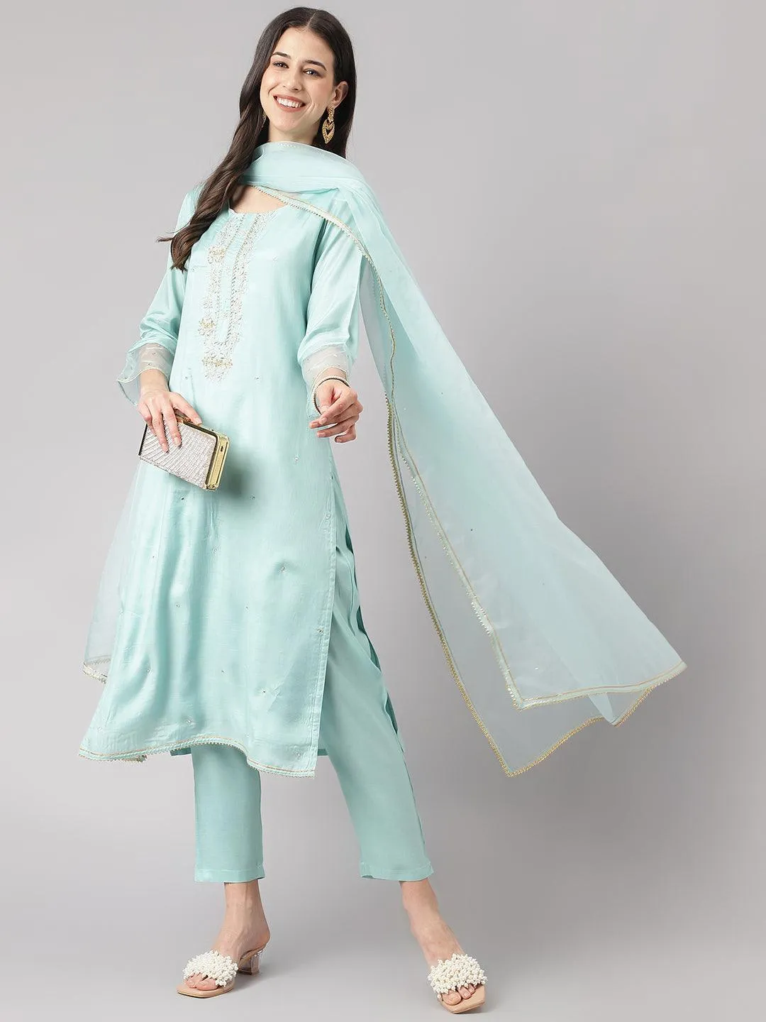 Sea Green Muslin Embroidery Kurta Pant Set With Organza Dupatta