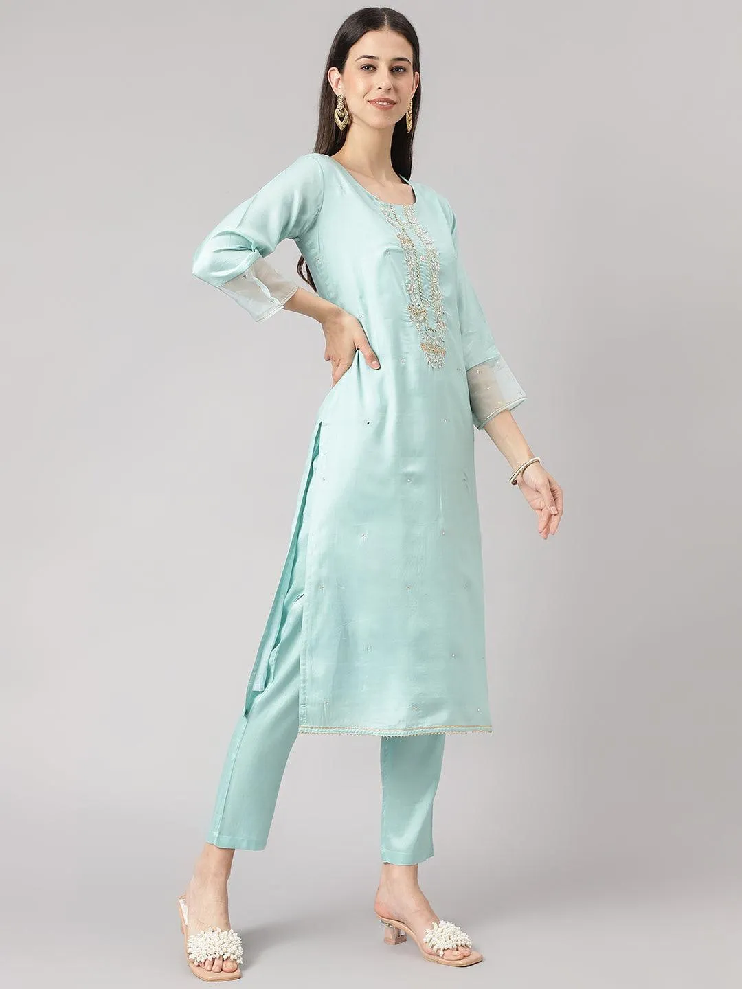 Sea Green Muslin Embroidery Kurta Pant Set With Organza Dupatta